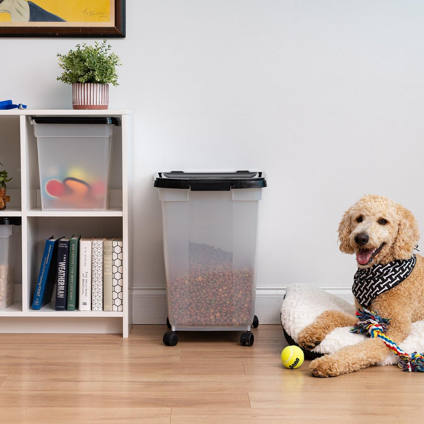 IRIS USA Airtight Dog Food Storage Container, WeatherPro, Up to 50 lbs, Removable Wheels, for Dog Cat Bird and Other Pet Food Storage Bin, Keep Fresh, Translucent Body, Made in USA, Clear/Black