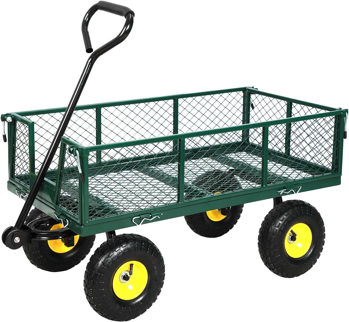 Homdox Steel Garden Cart 880 lbs Capacity Heavy Duty Garden Wagons,with Removable Steel Mesh Sides to Convert into Flatbed,Utility Metal Wagon w/ 180°Rotating Handle and 2 Tags Recyclable