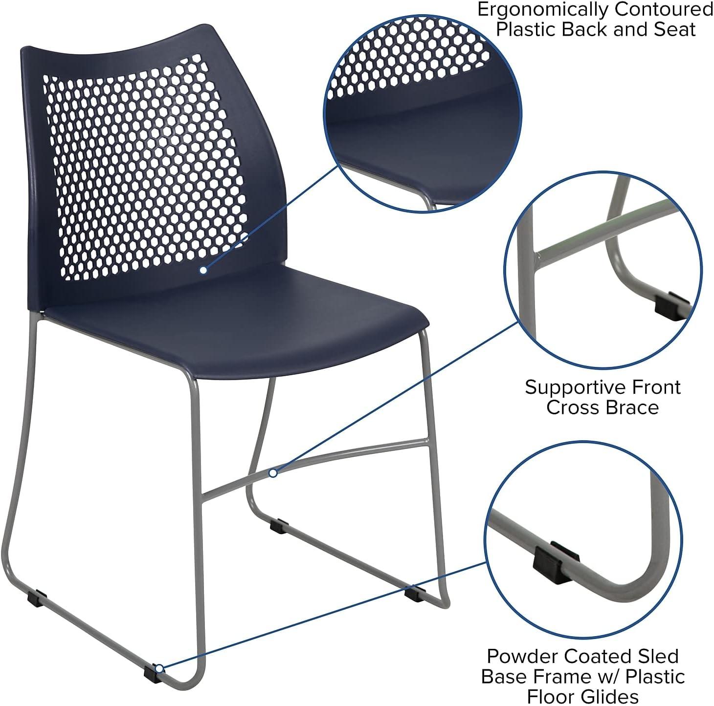 Flash Furniture HERCULES Series 5 Pack 661 lb. Capacity Navy Stack Chair with Air-Vent Back and Gray Powder Coated Sled Base