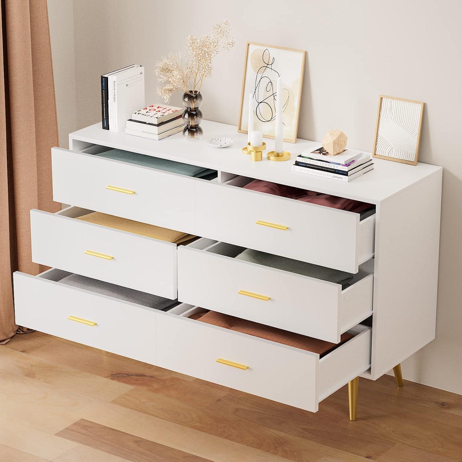 White Dresser with 6 Drawer for Bedroom,  RESOM Modern Chest with Golden Legs & Handles, Wooden Dressers for Living Room, Hallway, Nursery