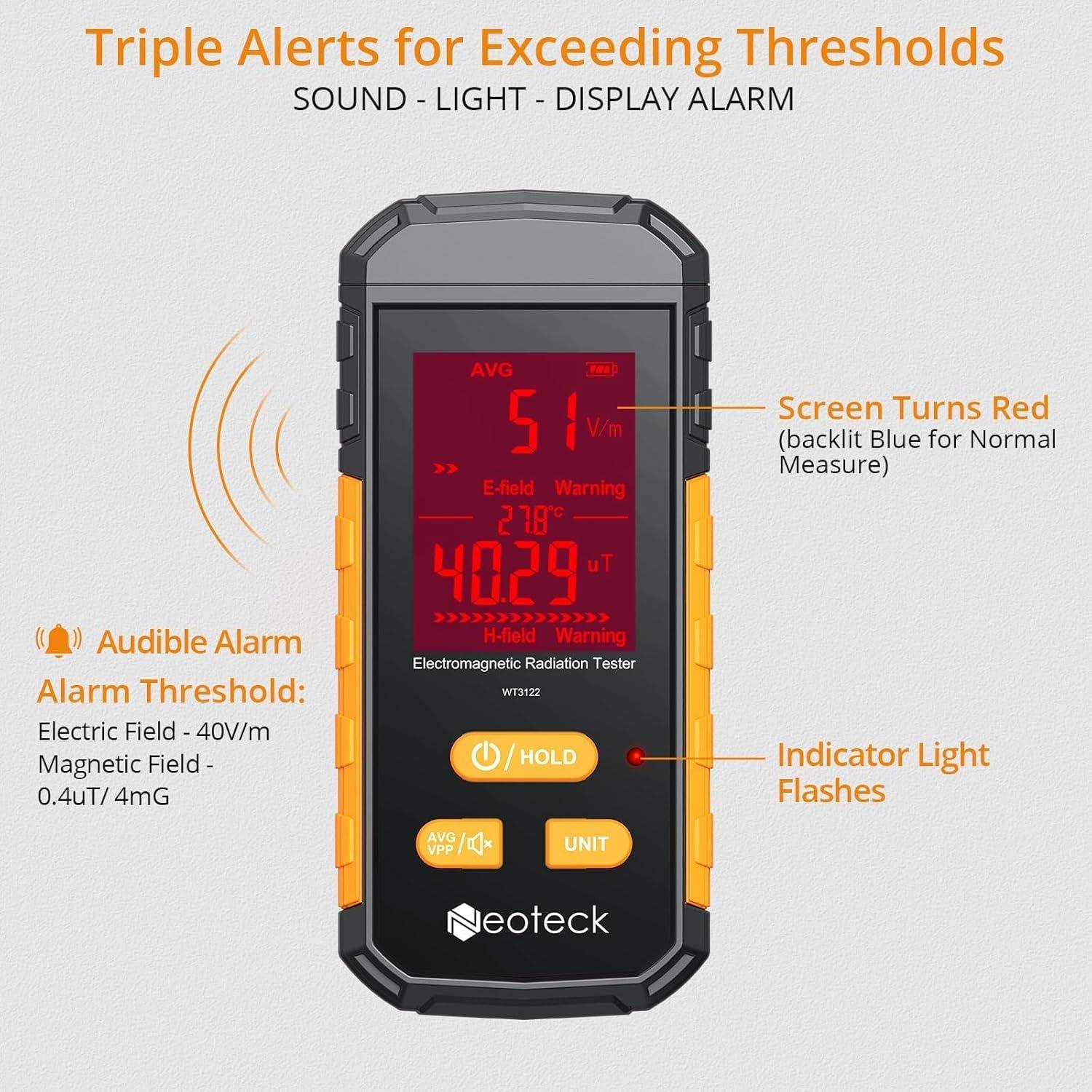 Neoteck 3-in-1 EMF Meter Rechargeable Electromagnetic Radiation Detector for EF MF and Temperature LCD Backlit Audible Alarm 1~1999V/m Electric Field 0.01~99.99ut Magnetic Field(RF Not Included)