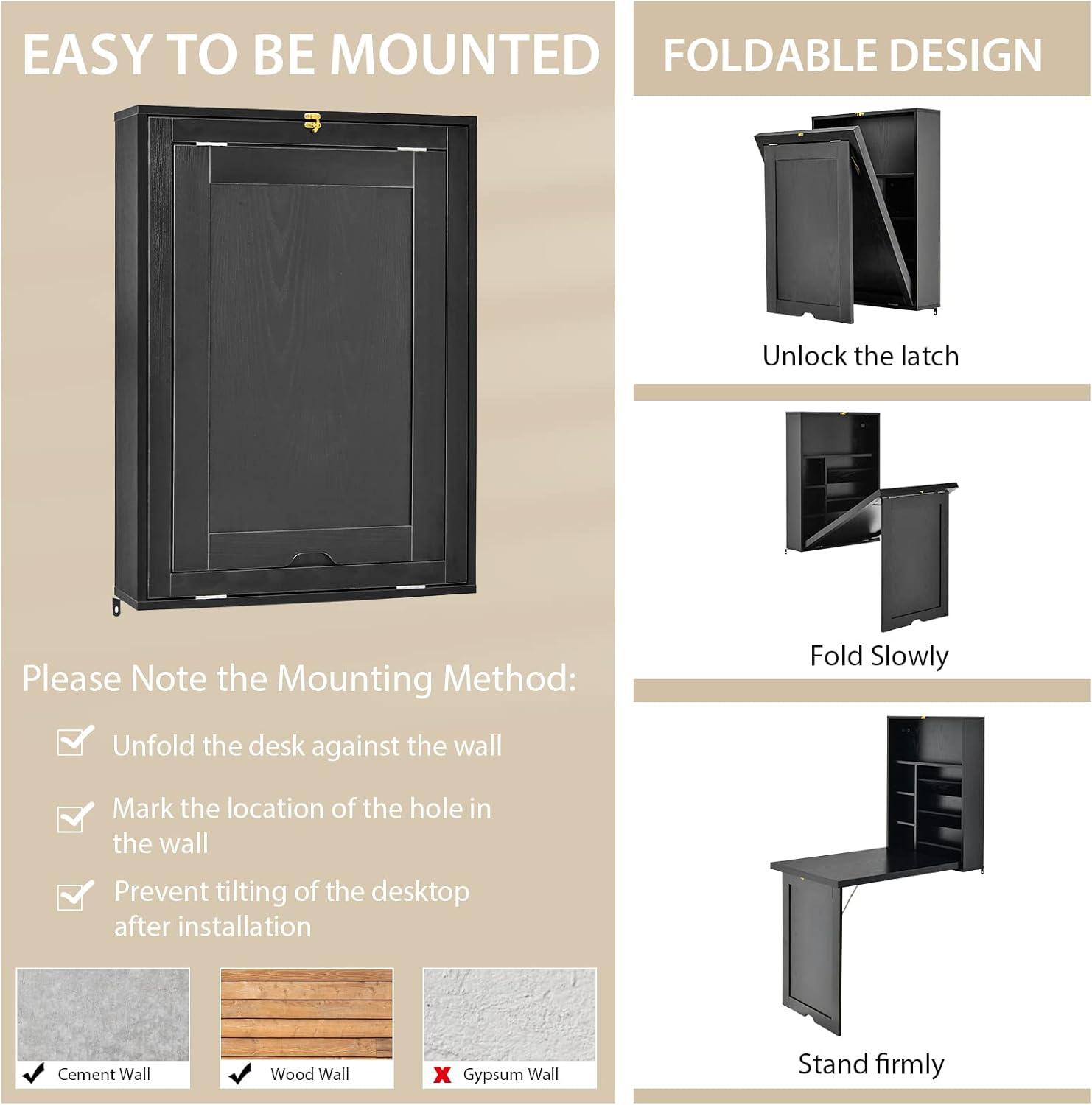 Wall Mounted Desk, Wood Collapsible Floating Desk, Convertible Computer Desk with Storage Area, Hanging Fold Out Table for Home Office, Small Spaces (Black)