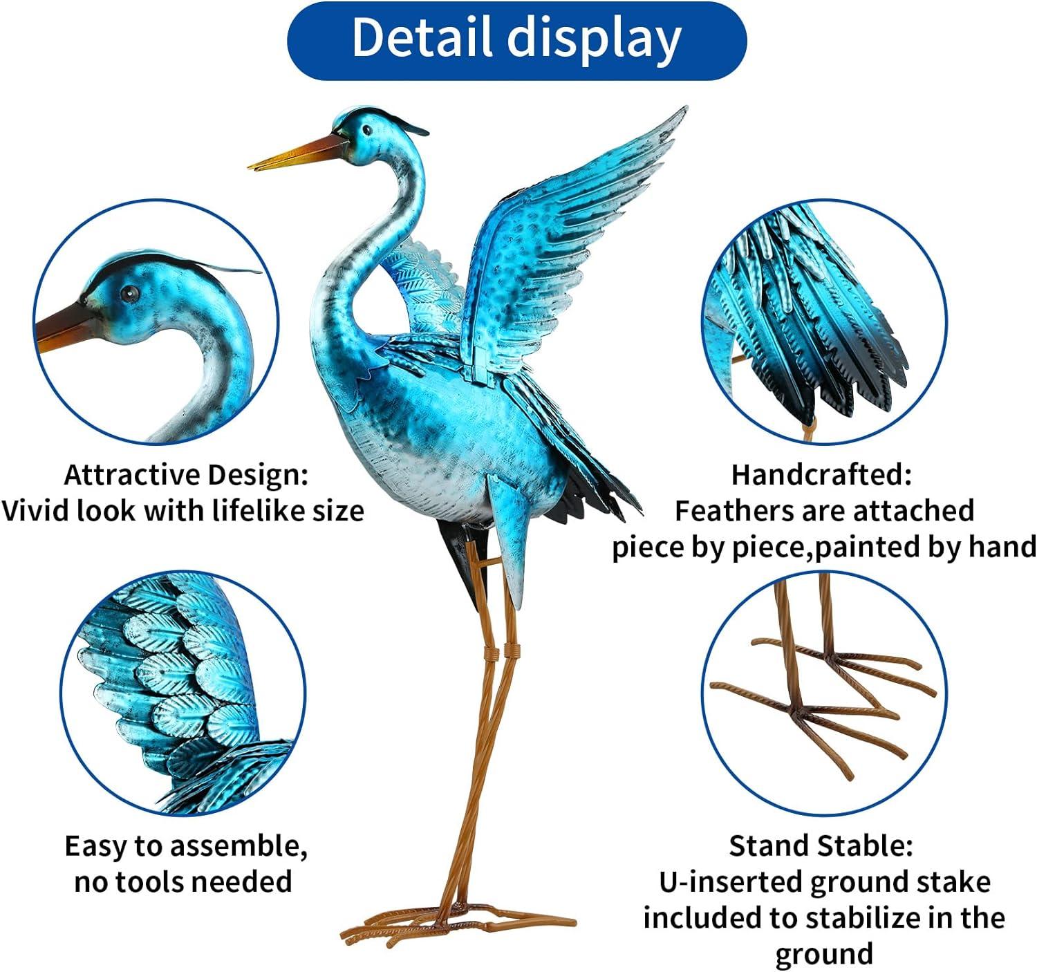 Chisheen Crane Garden Statues, Metal Garden Crane Outdoor, Blue Heron Sculpture Metal Yard Art, Large Garden Heron Decoy, Bird Statues, Lawn Ornaments for Backyard Pond Patio Porch Outside