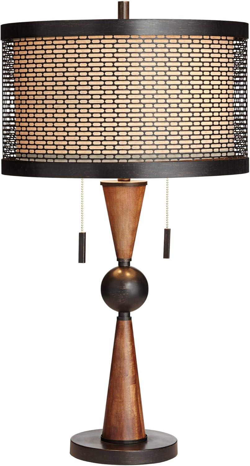 Franklin Iron Works Hunter Modern Rustic Farmhouse Table Lamp 29 3/4" Tall Cherry Wood Bronze Metal Double Drum Shade for Bedroom Living Room House