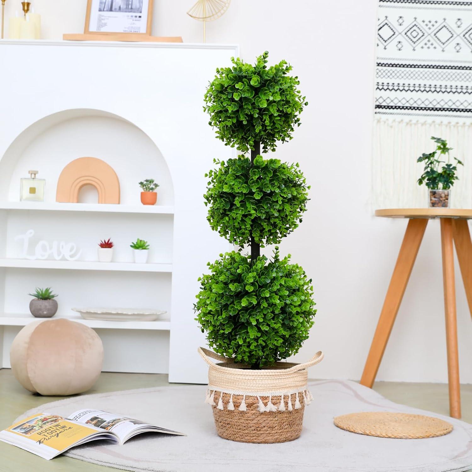 Fake Boxwood Topiary Tree Set Of 2 ,Faux 3 Balls Tree Topiary In Pot