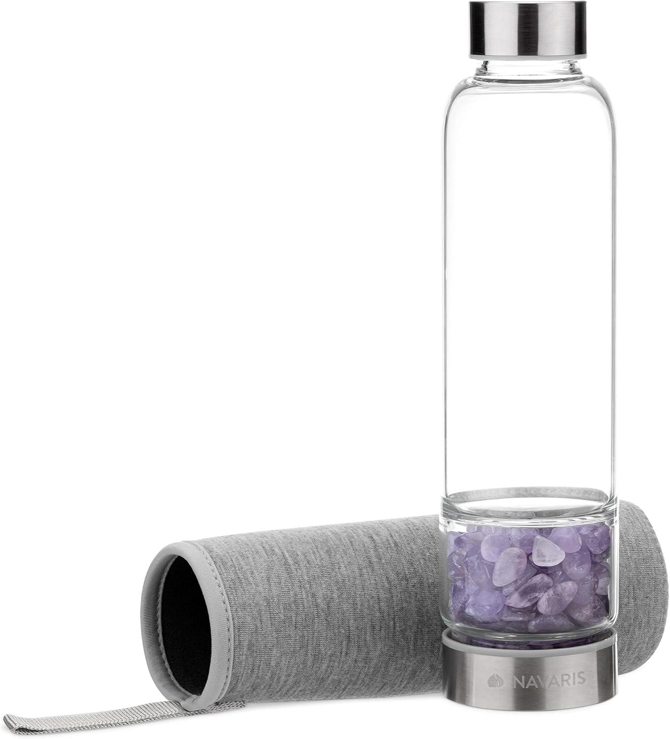 Navaris Crystal Water Bottle - 14oz Glass Gemstone Drink Bottle with Loose Natural Gem Stones - Available with Different Type Stones