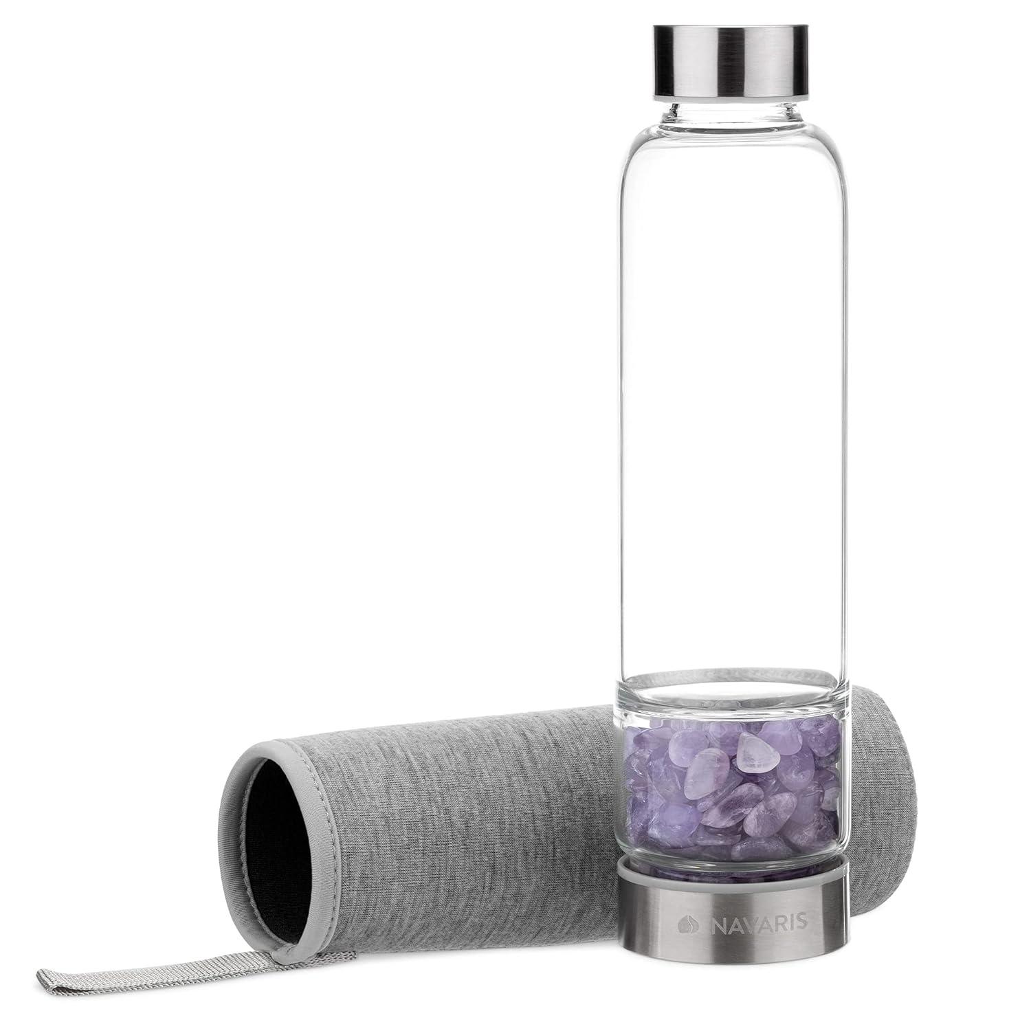 Navaris Crystal Water Bottle - 14oz Glass Gemstone Drink Bottle with Loose Natural Gem Stones - Available with Different Type Stones