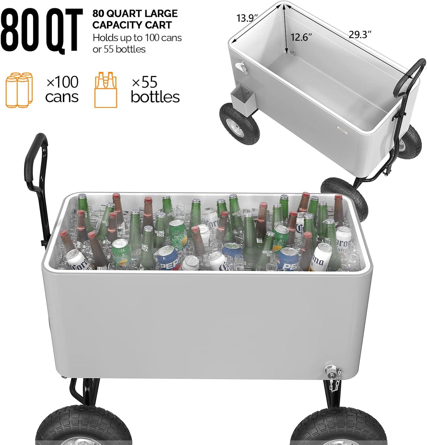 VINGLI 80qt. Wagon Rolling Cooler Ice Chest w/Long Handle and 10" Wheels, Patio Cooler, Outdoor Park Cart on Wheels