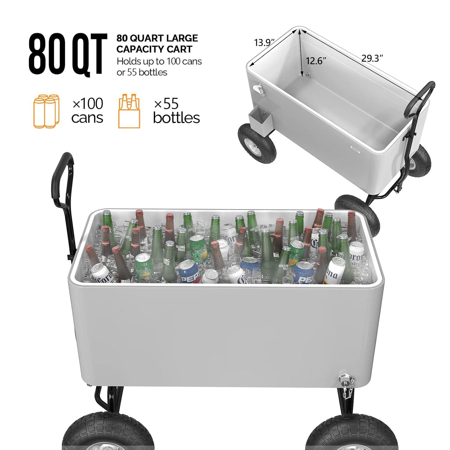 VINGLI 80qt. Wagon Rolling Cooler Ice Chest w/Long Handle and 10" Wheels, Patio Cooler, Outdoor Park Cart on Wheels