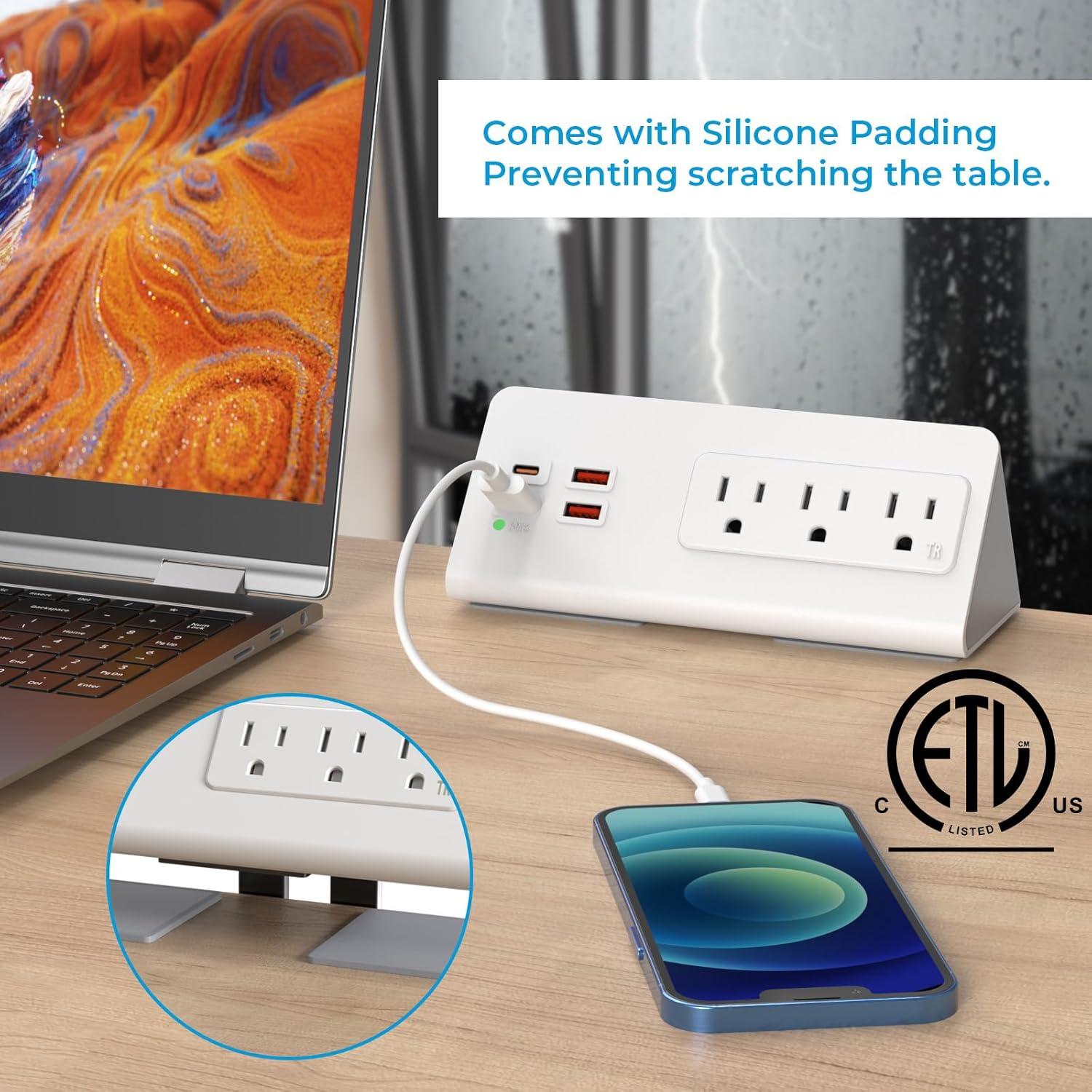 White Heavy Duty Power Strip with USB-C and USB-A Ports