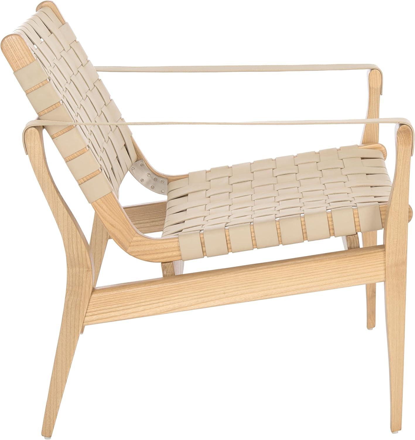 Cherry Mahogany & Woven Leather Safari Accent Chair - White