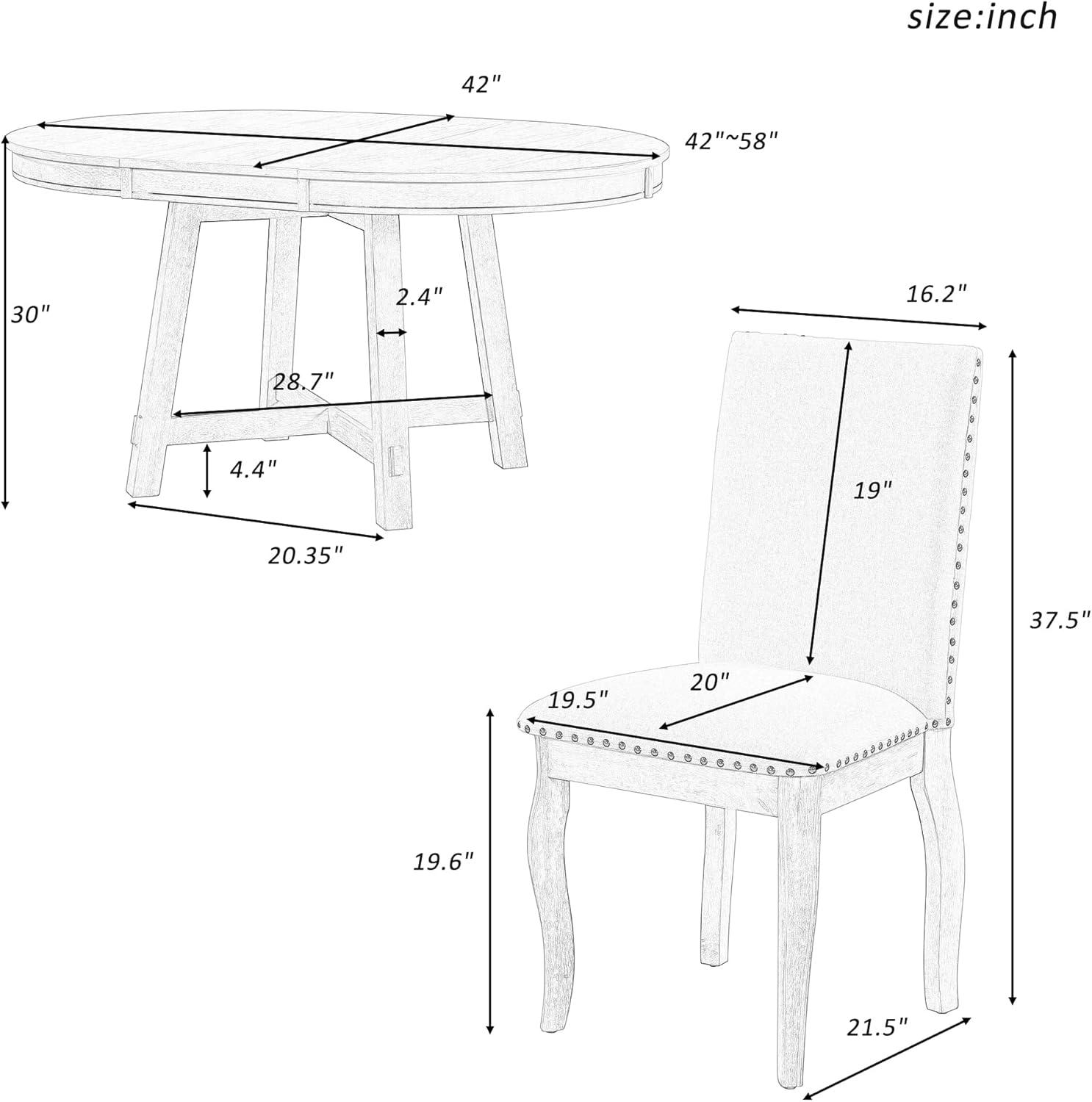 Natural Wood Wash Extendable Round Dining Table Set with Upholstered Chairs