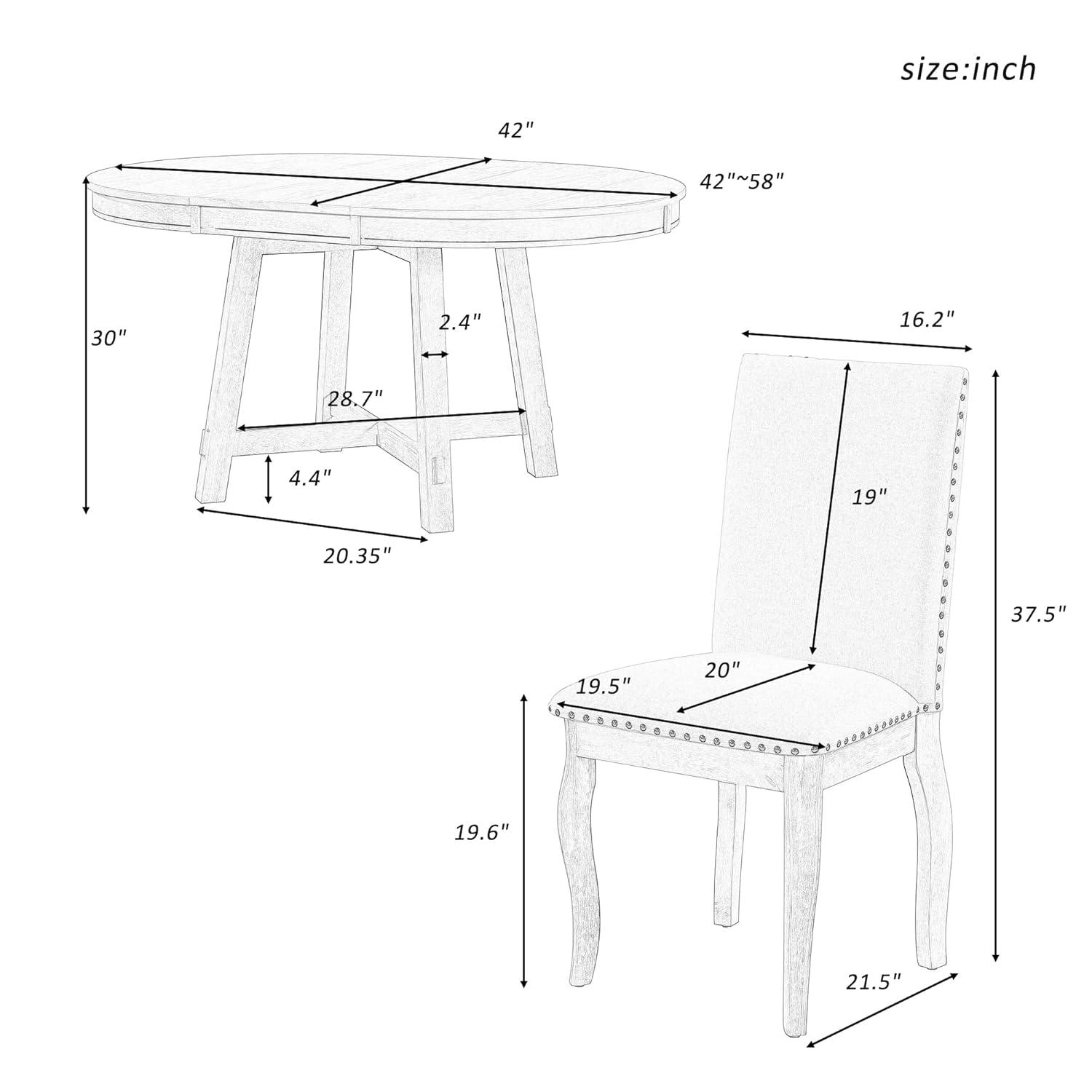 P PURLOVE 5 Pieces Dining Table Set Round Kitchen Extendable Dining Table with 4 Upholstered Chairs for Dining Room, Chair with Nail Head Trim, Bistro Table Set, Natural Wood Wash