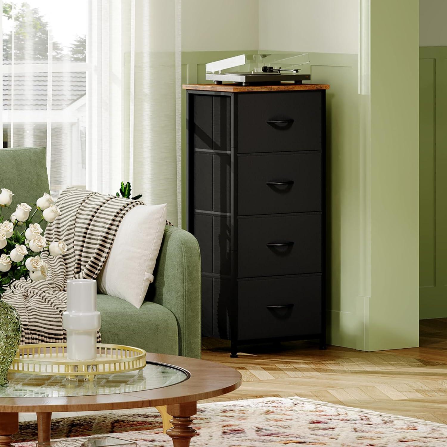 Somdot 4 Drawer Dresser, Chest of Drawers Fabric Vertical Nightstand for Bedroom, Black Rustic Brown