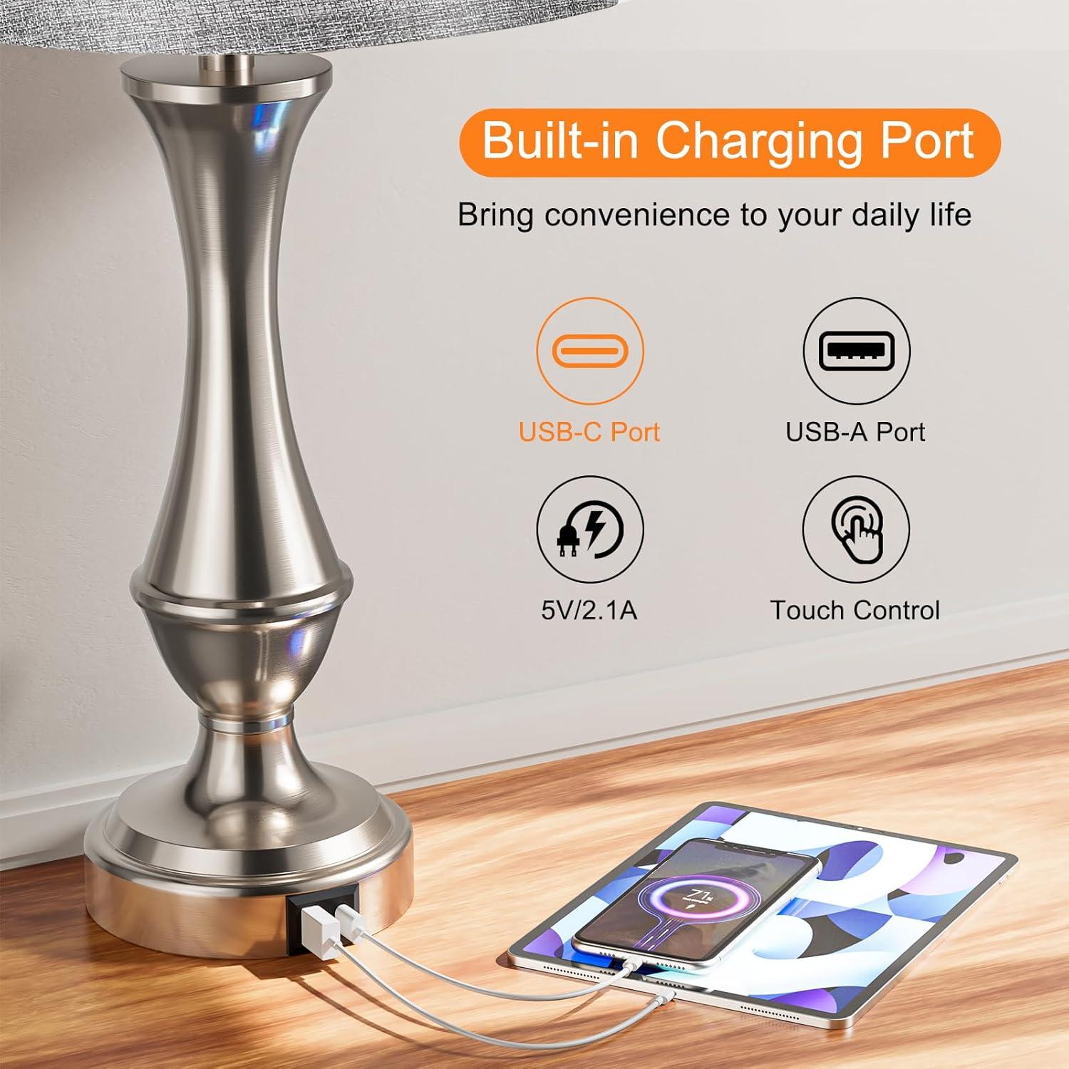Upgraded Touch Lamps for Night Stands Set of 2 - Bedside Lamps with USB C+A, 3 Way Dimmable for Bedroom Living Room End Tables Office (Grey&Nickel)