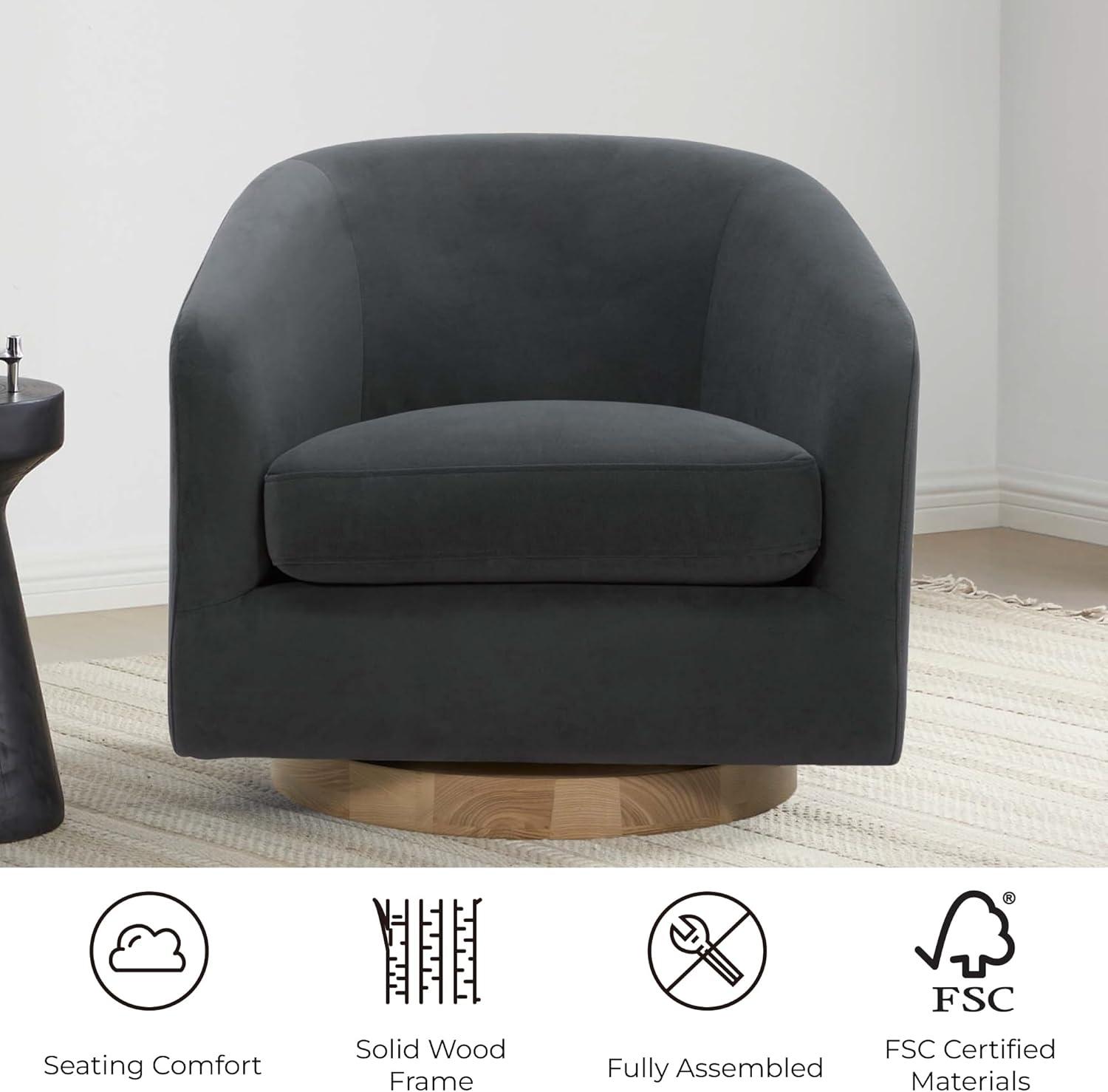 Nereus Gray Velvet Swivel Accent Chair with Arms and Wood Base