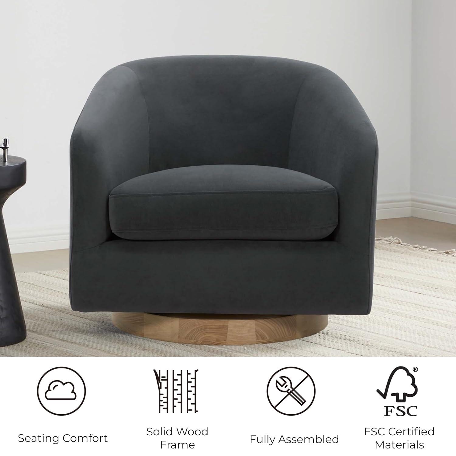 Nereus Gray Velvet Swivel Accent Chair with Arms and Wood Base