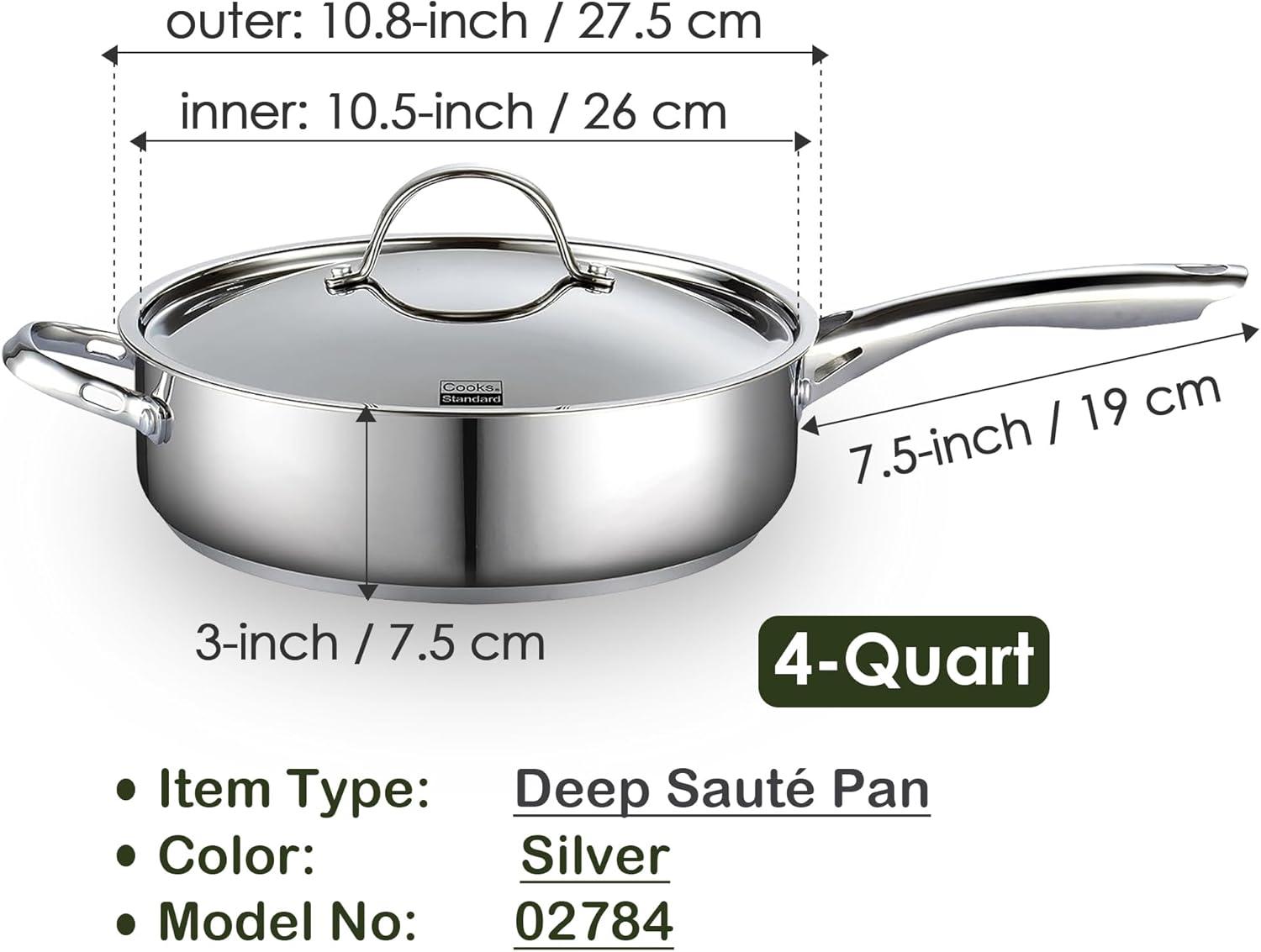 4-Quart Silver Stainless Steel Deep Sauté Pan with Lid