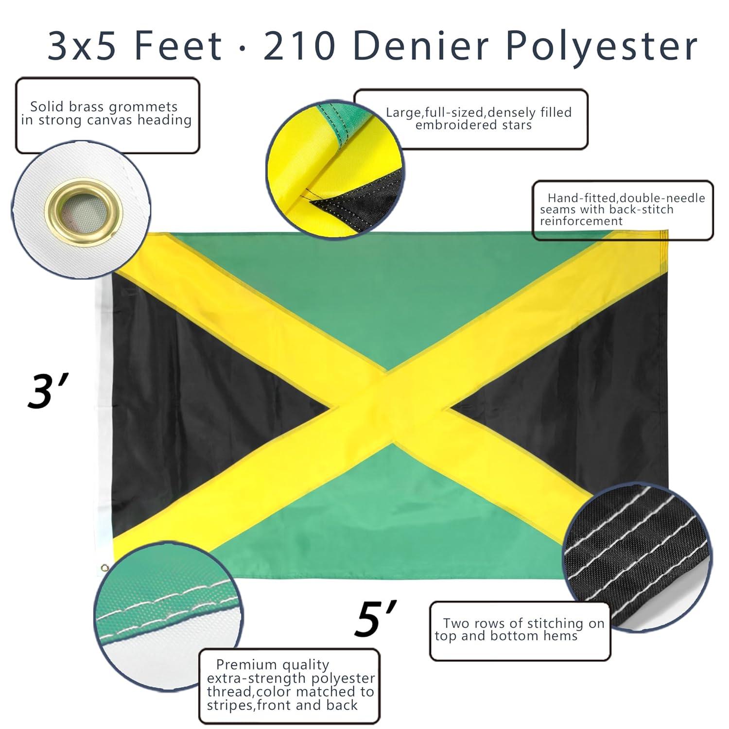 Anley EverStrong Series Embroideried Jamaica Flag 3x5 Foot Heavy Duty - Jamaican National Banner Flags