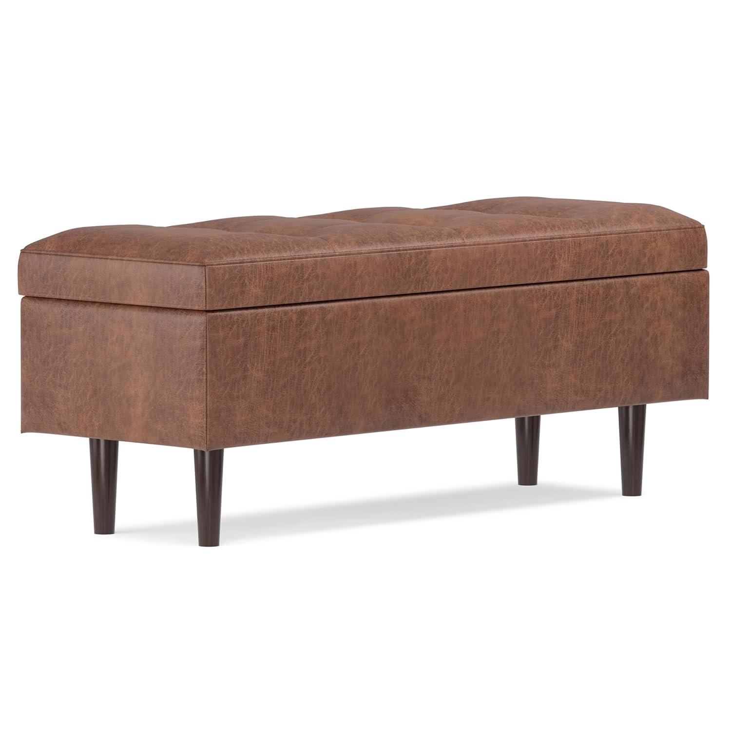 Simpli Home Shay 48 inch W. Modern Storage Ottoman in Distressed Saddle Brown Faux Leather
