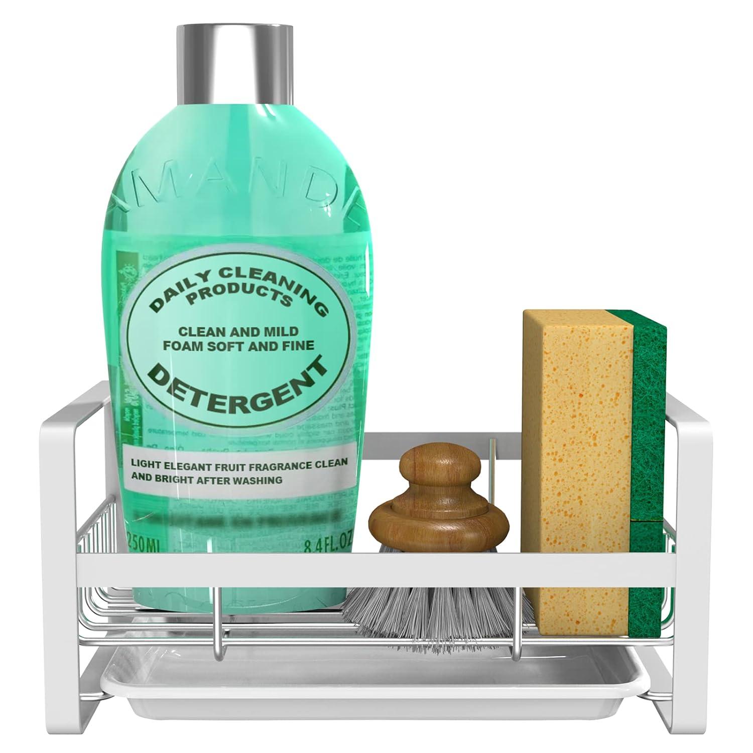 VANTEN Kitchen Sink Caddy - Silver Sink Organizer, Sponge/Soap Dish Dispenser with Brush Holder, Adhesive/Countertop Mount