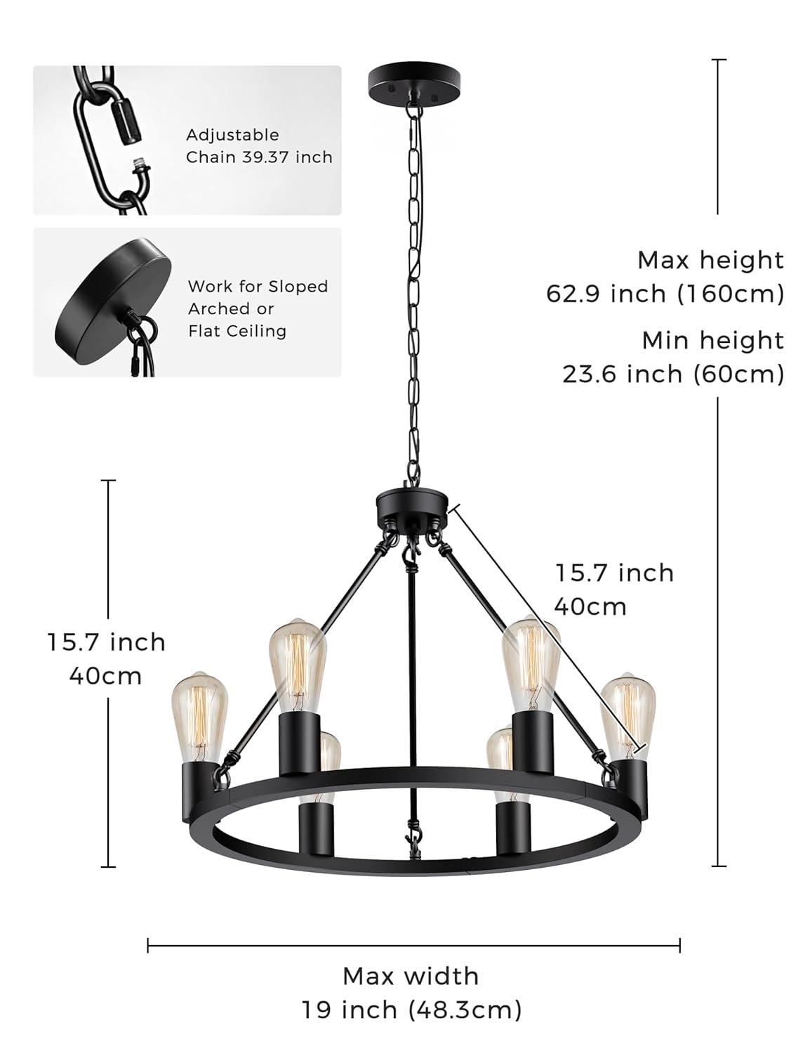 Farmhouse 6 Lights Black Wagon Wheel Chandelier,Modern Vintage Round Pendant Light Fixture for Dining Room,Living Room, Entryway Foyer Kitchen Island, E26