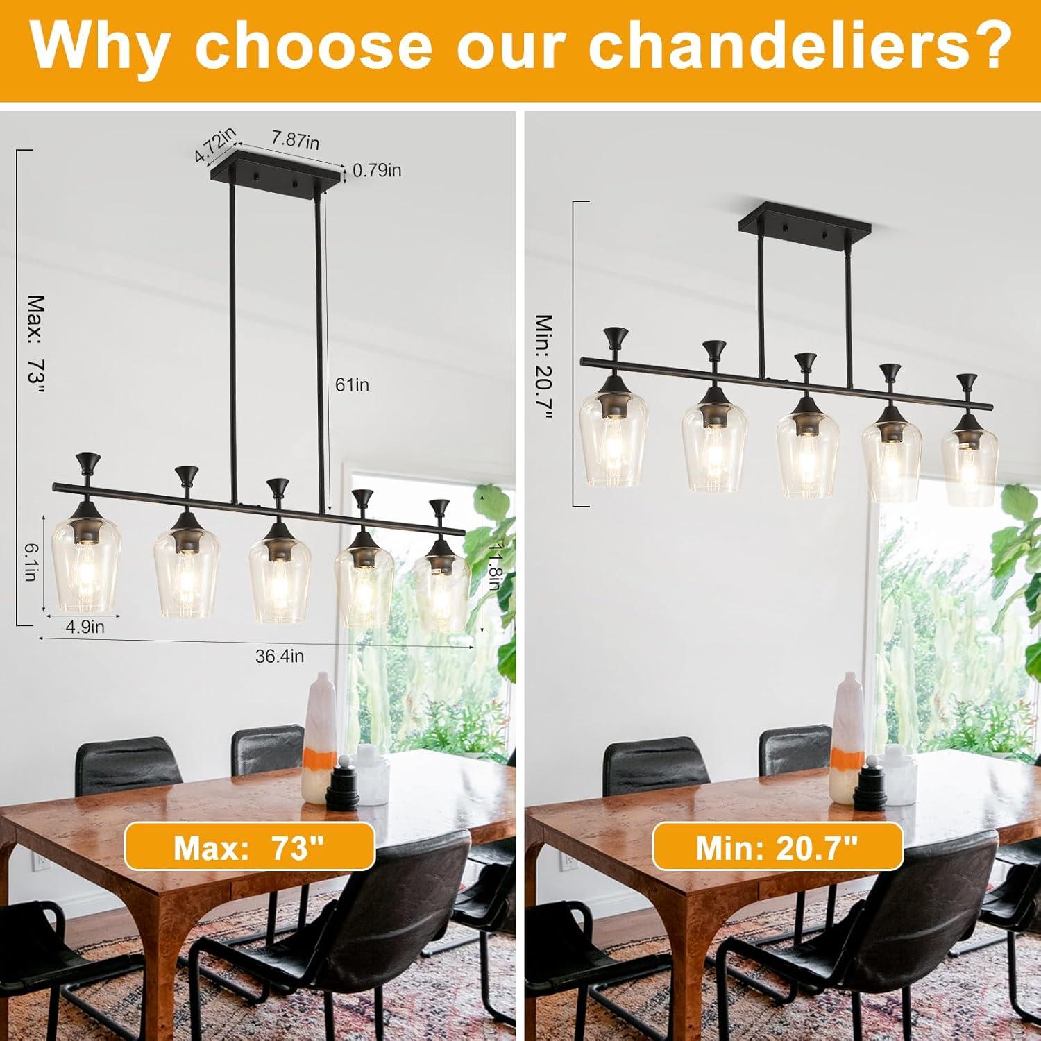 Black Farmhouse Chandelier, 5-Light Island Lights for Kitchen in Metal Finish with Clear Glass Shades, 37" Dining Room Chandelier, Linear Pendant Lighting for Foyer, Bar, Pool Table