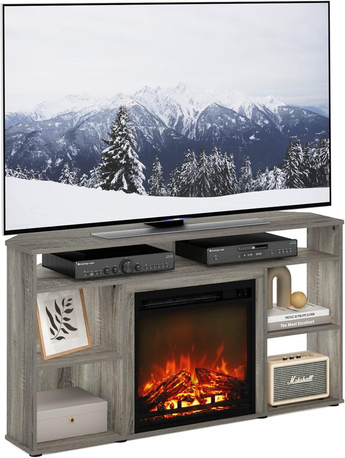 Furinno Jensen Corner TV Stand with Fireplace for TV up to 55 Inches, French Oak Grey