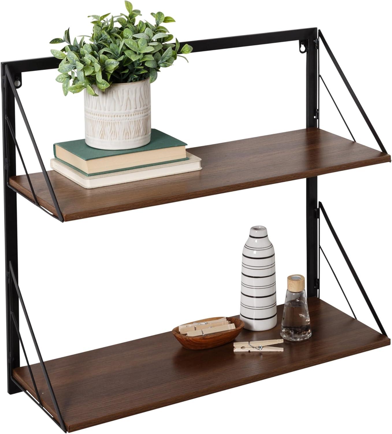 Black and Walnut Steel Wood 2-Tier Floating Wall Shelf