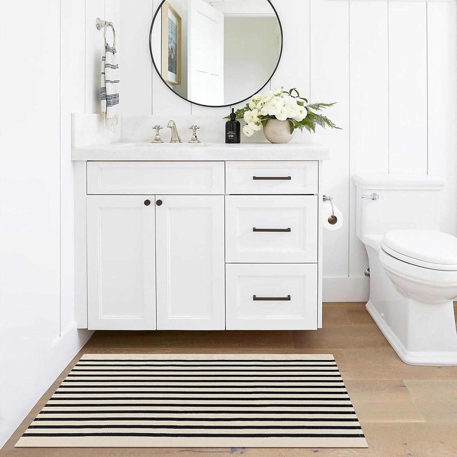 IOHOUZE Navy and White Striped Rug 2'x3' Front Door Rugs, Small Washable Area Rug for Front Porch, Spring Summer Doormats Outdoor Indoor, Cotton Rugs for Entryway Porch Entrance