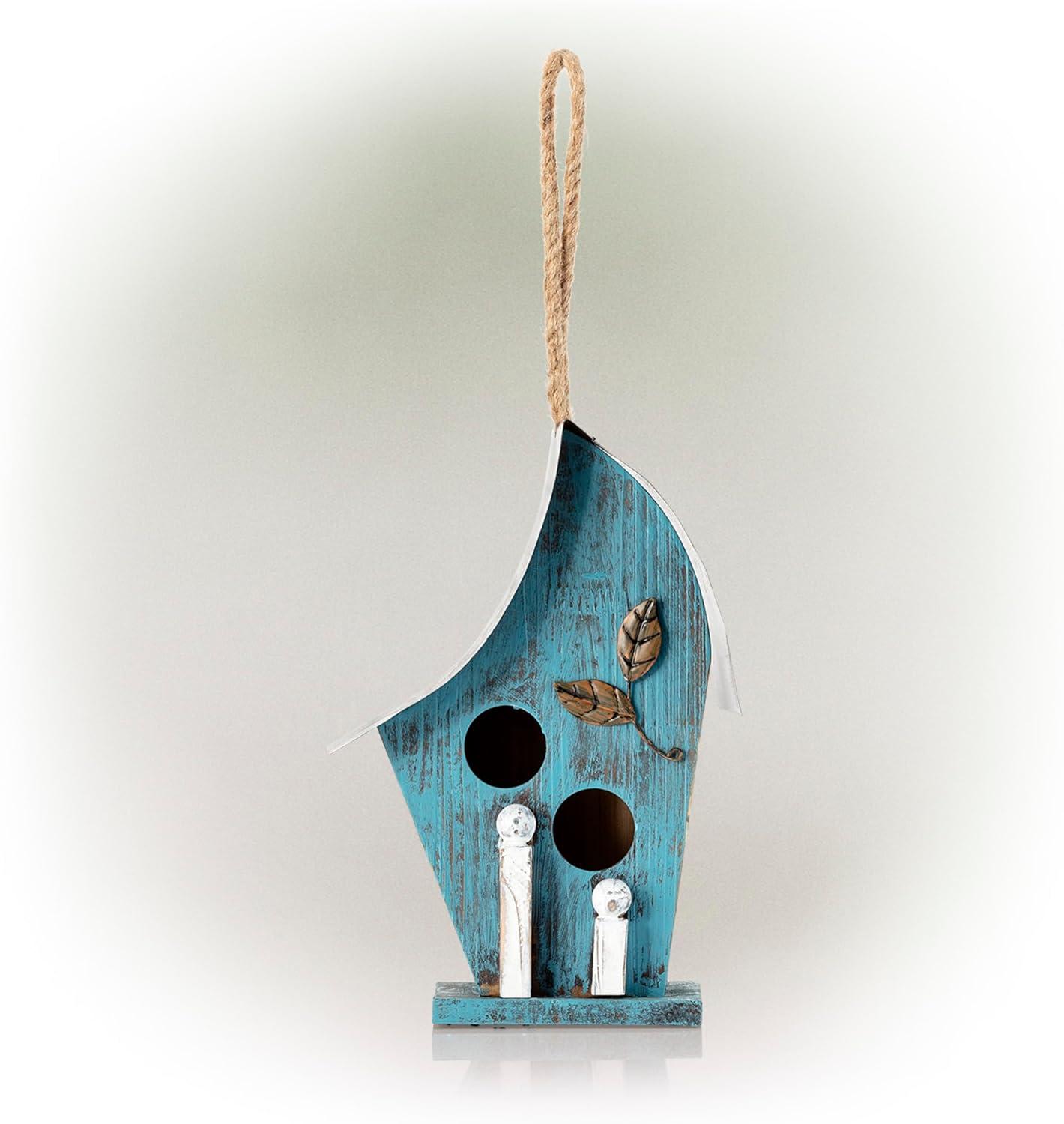 21" Tall Blue Distressed Wood and Metal Hanging Birdhouse