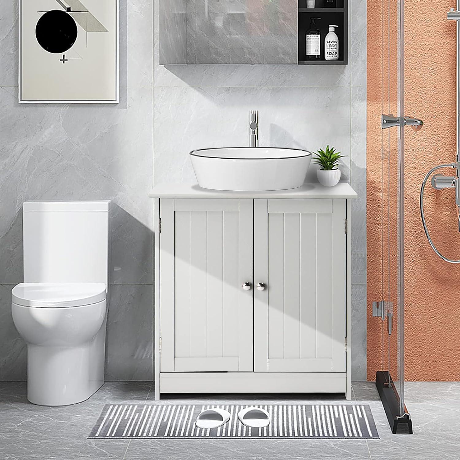 White Engineered Wood Pedestal Bathroom Sink Cabinet with Slatted Doors