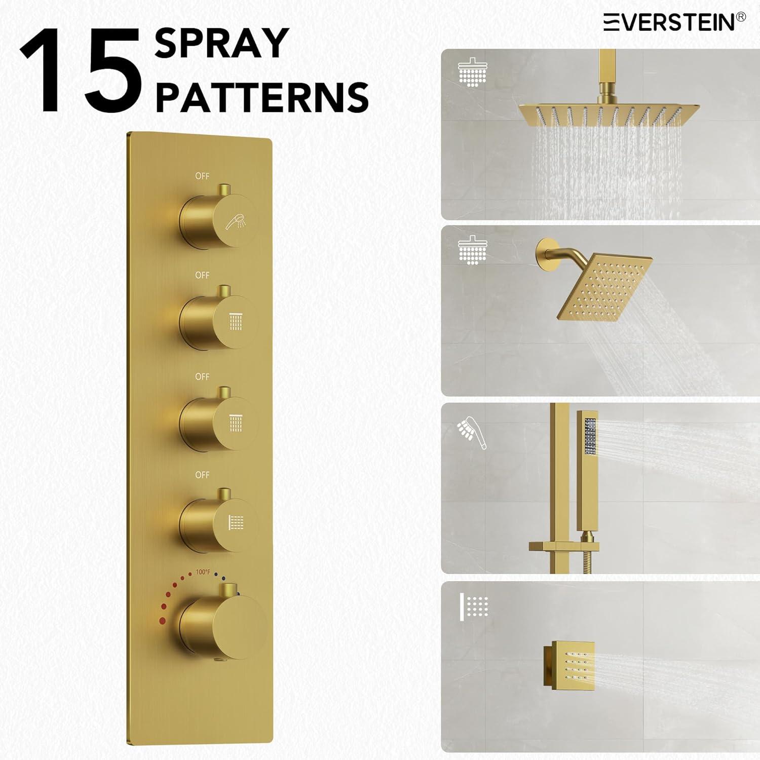 DualJetSpa 15-Spray Patterns 16" & 6" Dual Shower Head, Shower FaucetSystem with Thermostatic Rough-in Valve and Body Jets