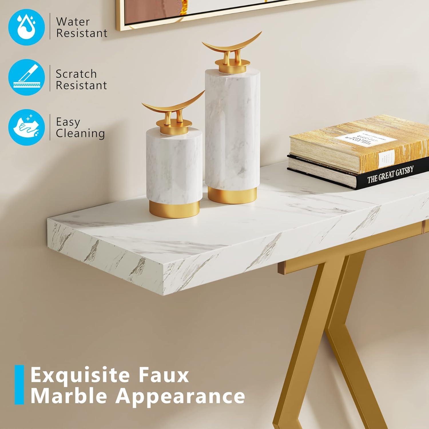 Tribesigns 70.9 Inch Extra Long Sofa Table, Modern Console Table with Faux Marble Tabletop, Long Entryway Table for Entrance, Gold and White