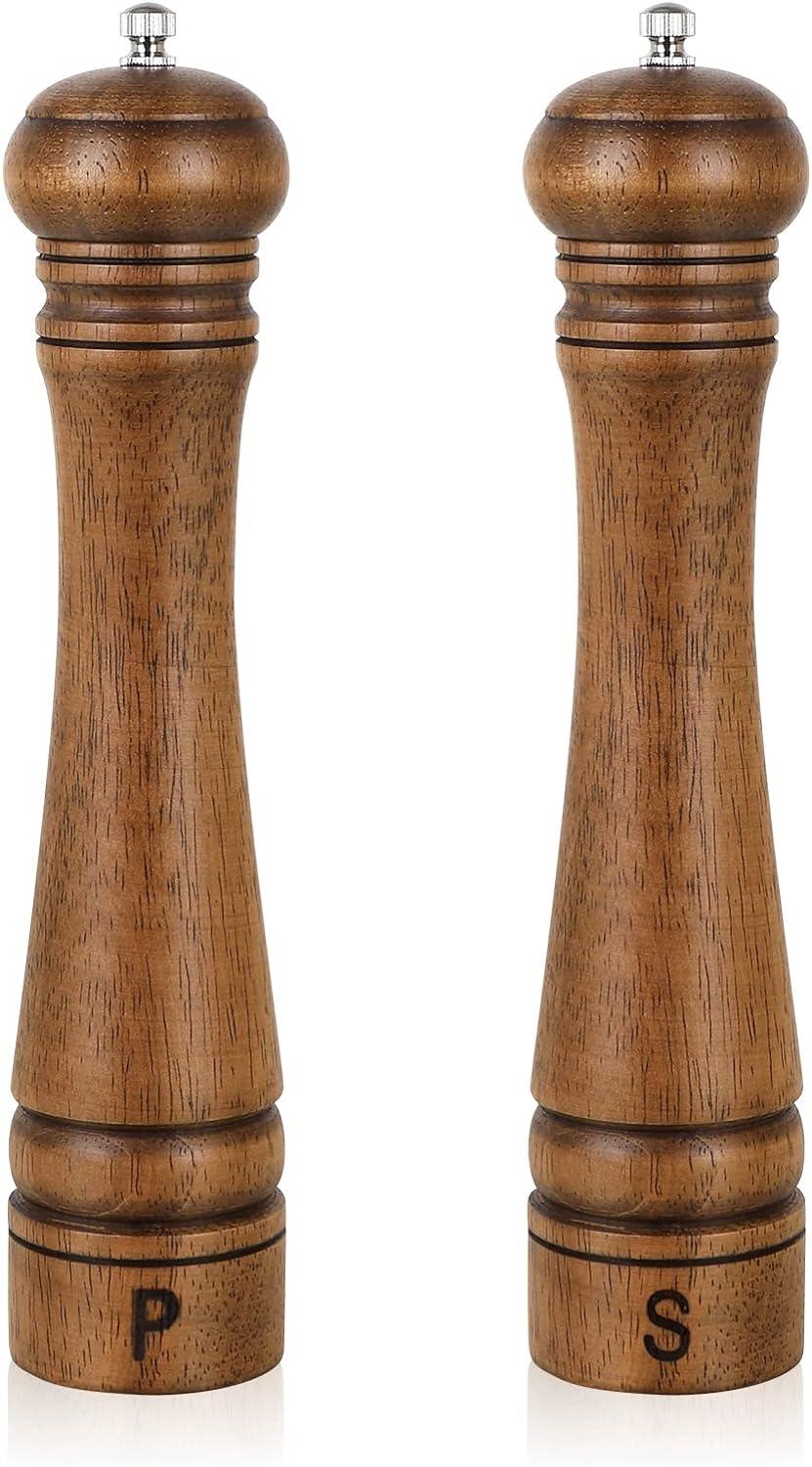 Pack of 2 Wood Pepper Grinder Set, 10 Inch Salt Mill And Pepper Grinder Set, Pepper Mill, Salt Shakers with Adjustable Ceramic Rotor - Oak Wood Pepper Grinder And Salt Mill for Your Kitchen