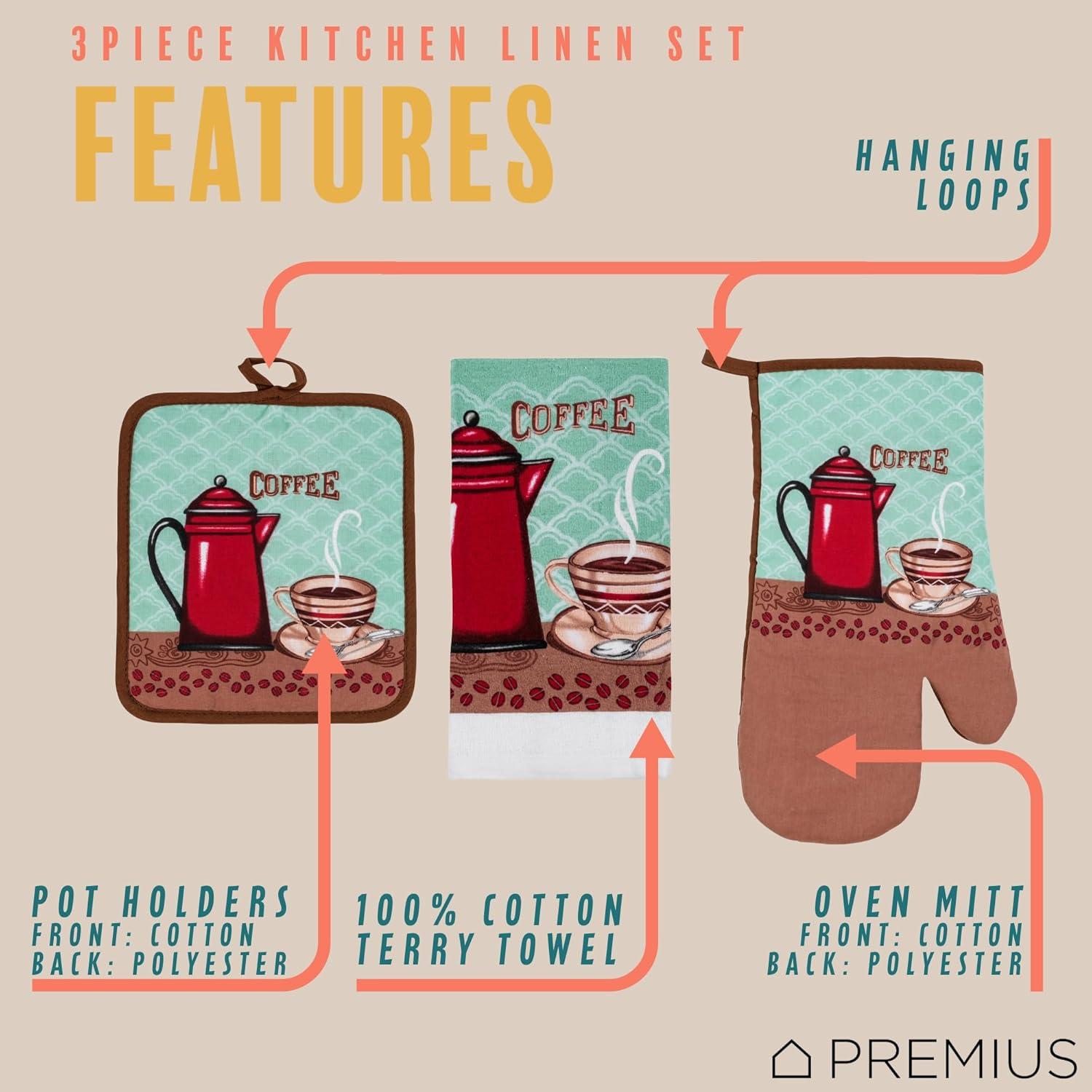 Premius PREMIUS 3 Piece Printed Kitchen Linen Set, Coffee Time, 1 Cotton Towel, 1 Pot Holder, 1 Oven Mitt