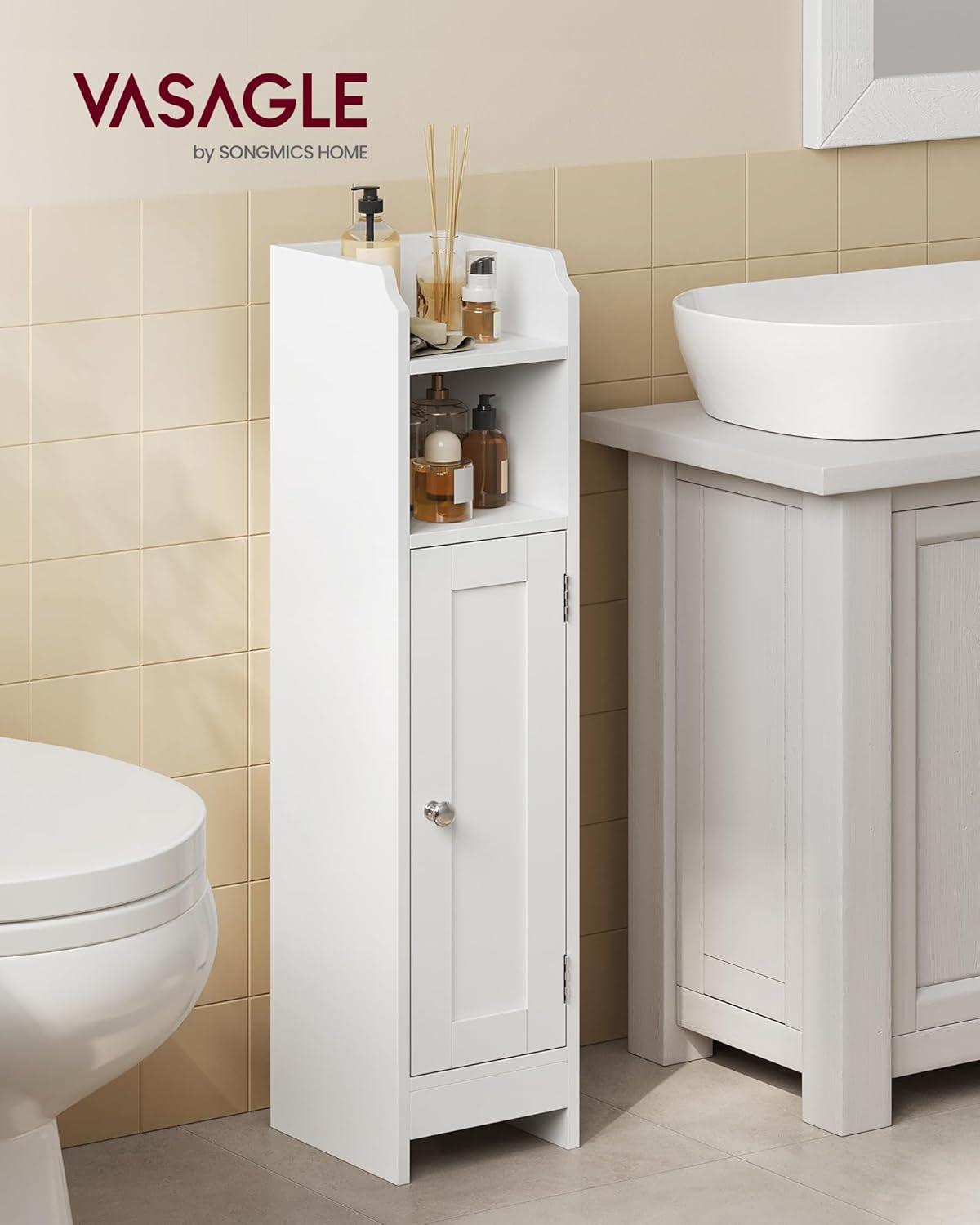 White MDF Narrow Bathroom Storage Cabinet with Adjustable Shelves