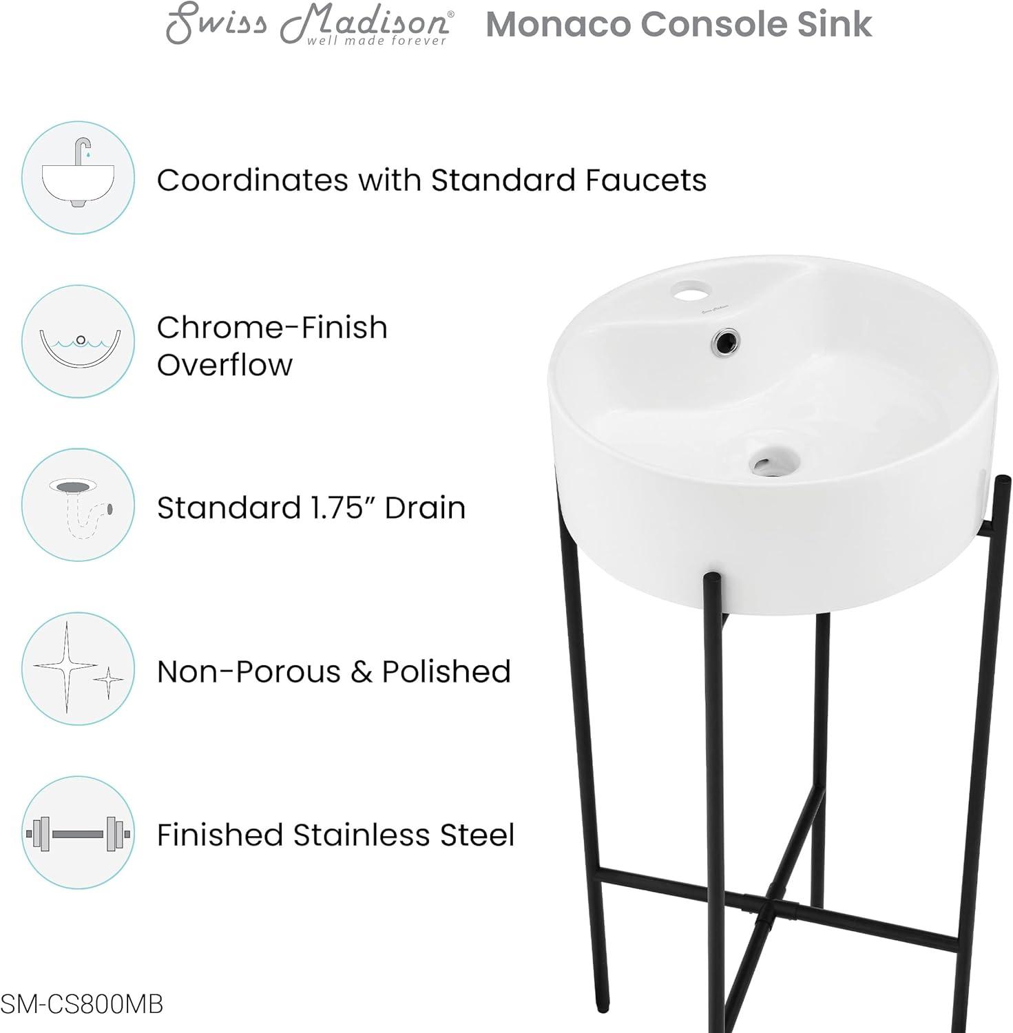 Monaco 15.75" Round Console Sink with Faucet Mount, White Basin