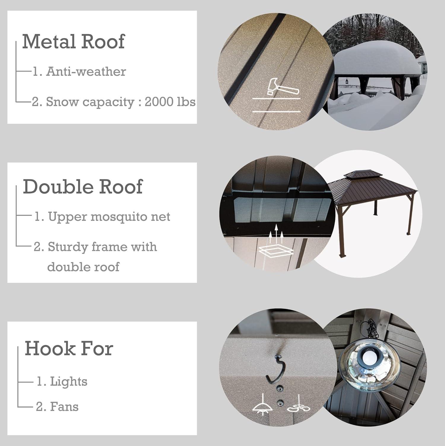 Kozyard Alexander 10?x12? Dark Brown Double Roof Hardtop Gazebo with Curtain and Mosquito Netting