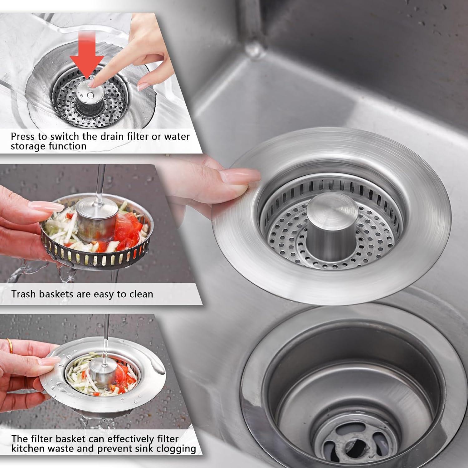 2PCS Upgraded 3 in 1 Kitchen Sink Drain Strainer,Anti-Clogging Sink Food Catcher Basket, Stainless Steel Pop-Up Kitchen Sink Stopper for US Standard 3-1/2 inch Kitchen Sink (Silver-2Pack)