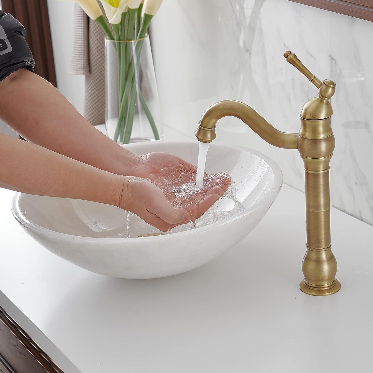 GGStudy 360° Swivel Antique Brass Bathroom Vessel Sink Faucet Single Handle One Hole Matching with Pop Up Drain