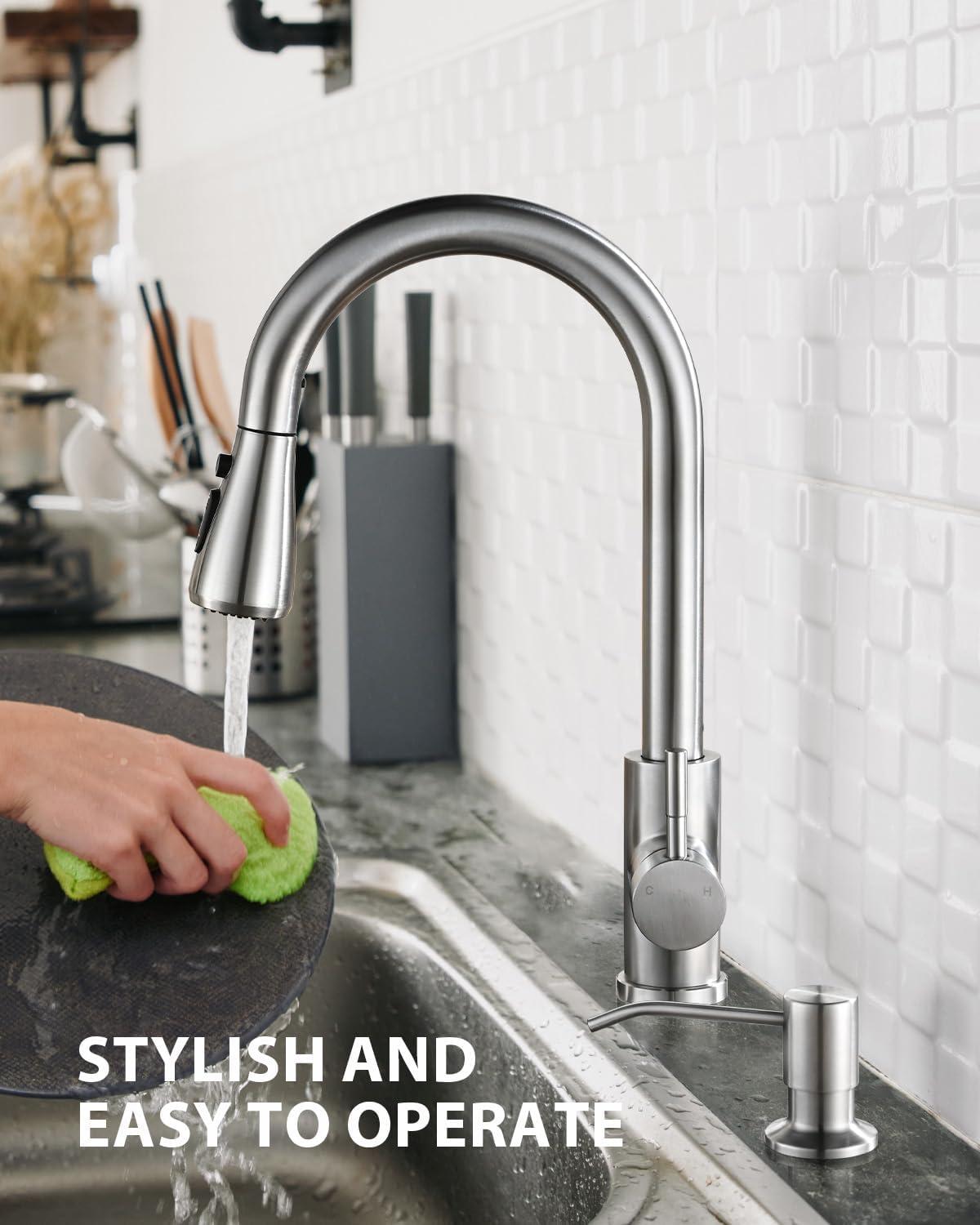 Brushed Nickel Single Handle Pull Down Kitchen Faucet with Soap Dispenser