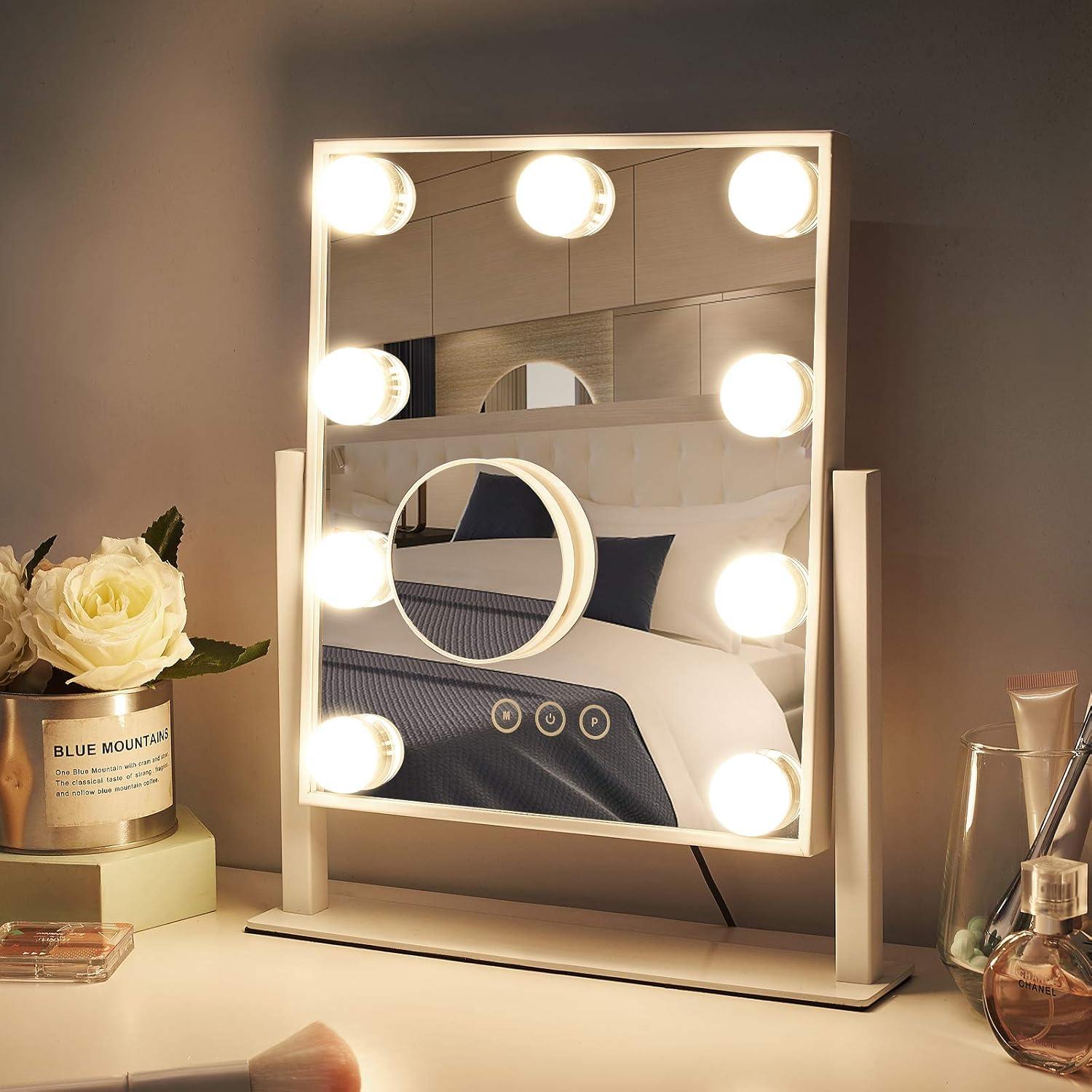 Vanity Mirror with Lights, Makeup Mirror with Lights,3 Color Lighting Modes Detachable 10X Magnification Mirror Touch Control,360°Rotation, White.