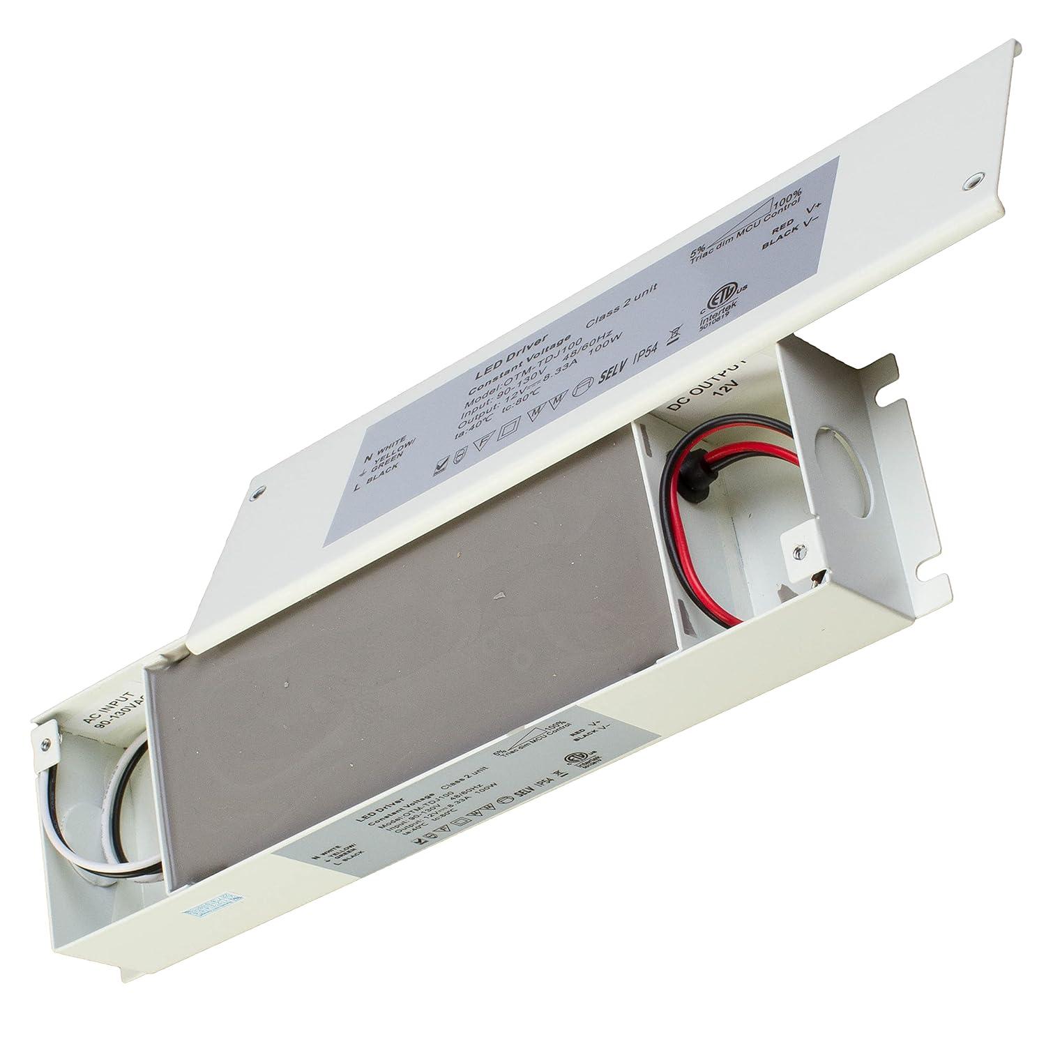 Triac Dimmable LED Driver, ETL 100v-130v to 12v 100w DC Constant Voltage Junction Box Enclosed Power Supply for LED Strip Light Compatible with Lutron Leviton AC Wall Dimmer Control