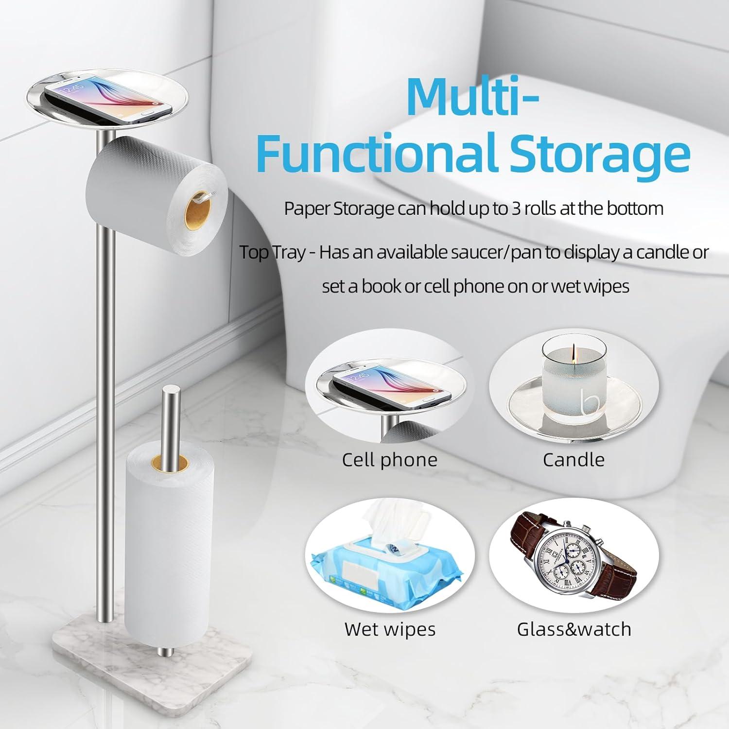 Toilet Paper Holder Free Standing With Marble Base: Stainless Steel Toilet Paper Holder Stand With Top Tray For Candles, Cell Phone And Wet Wipes, Storage 4 Mega Roll Papers (Brushed Nickel)