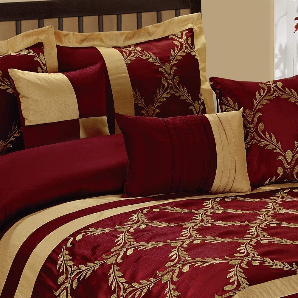 HIG 7 Piece Burgundy and Gold Faux Silk Fabric Embroideried Bedding Set, Queen