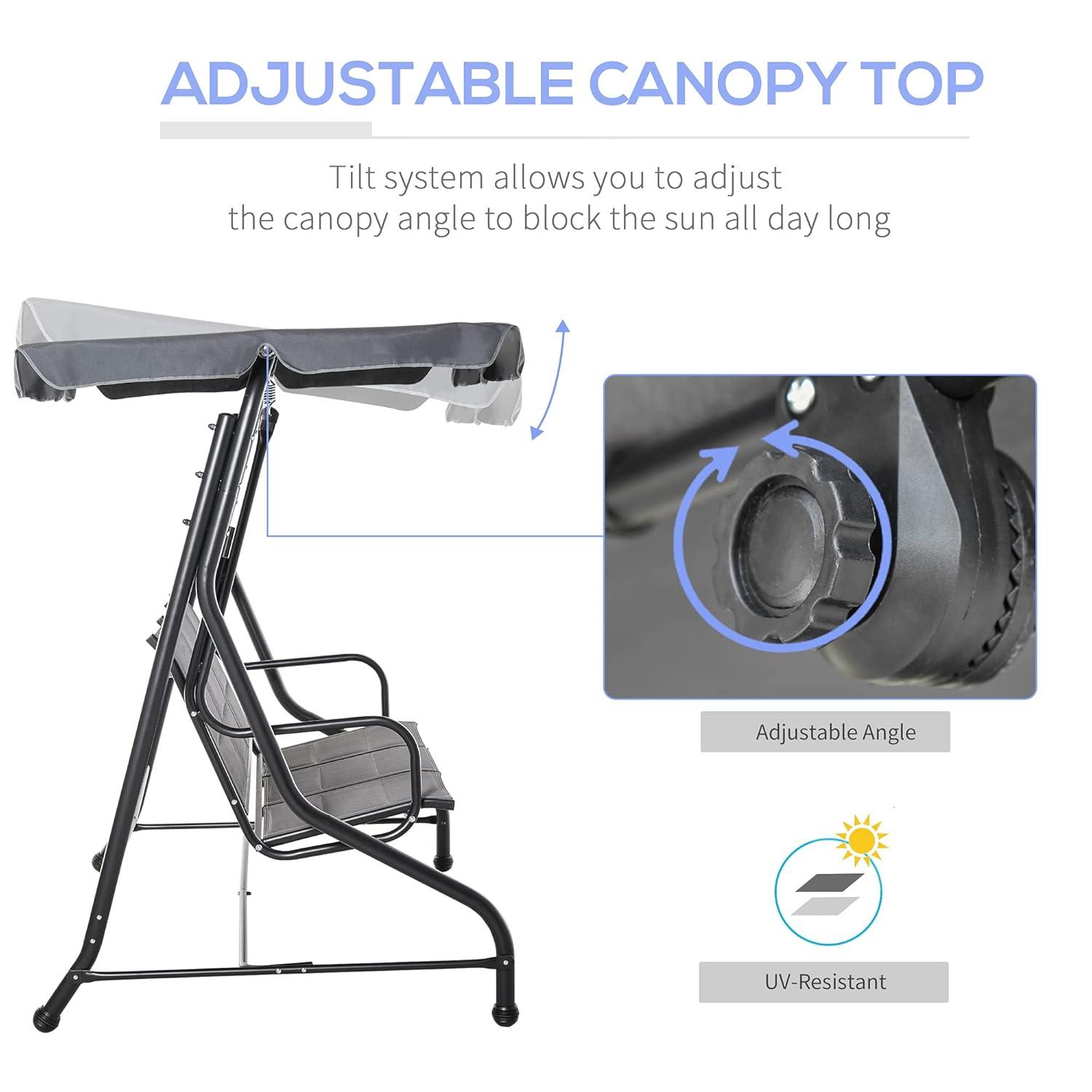 Outsunny 3-Seater Porch Swing Outdoor Swing Chair Patio Bench for Deck with Adjustable Canopy, Padded Sling Fabric Seat