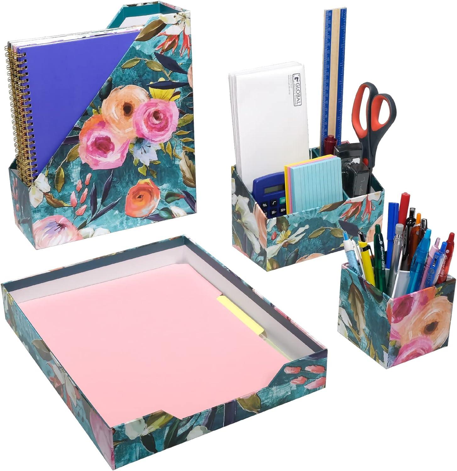 Floral Print Cardboard Desk Organizer Set with Pen Holder