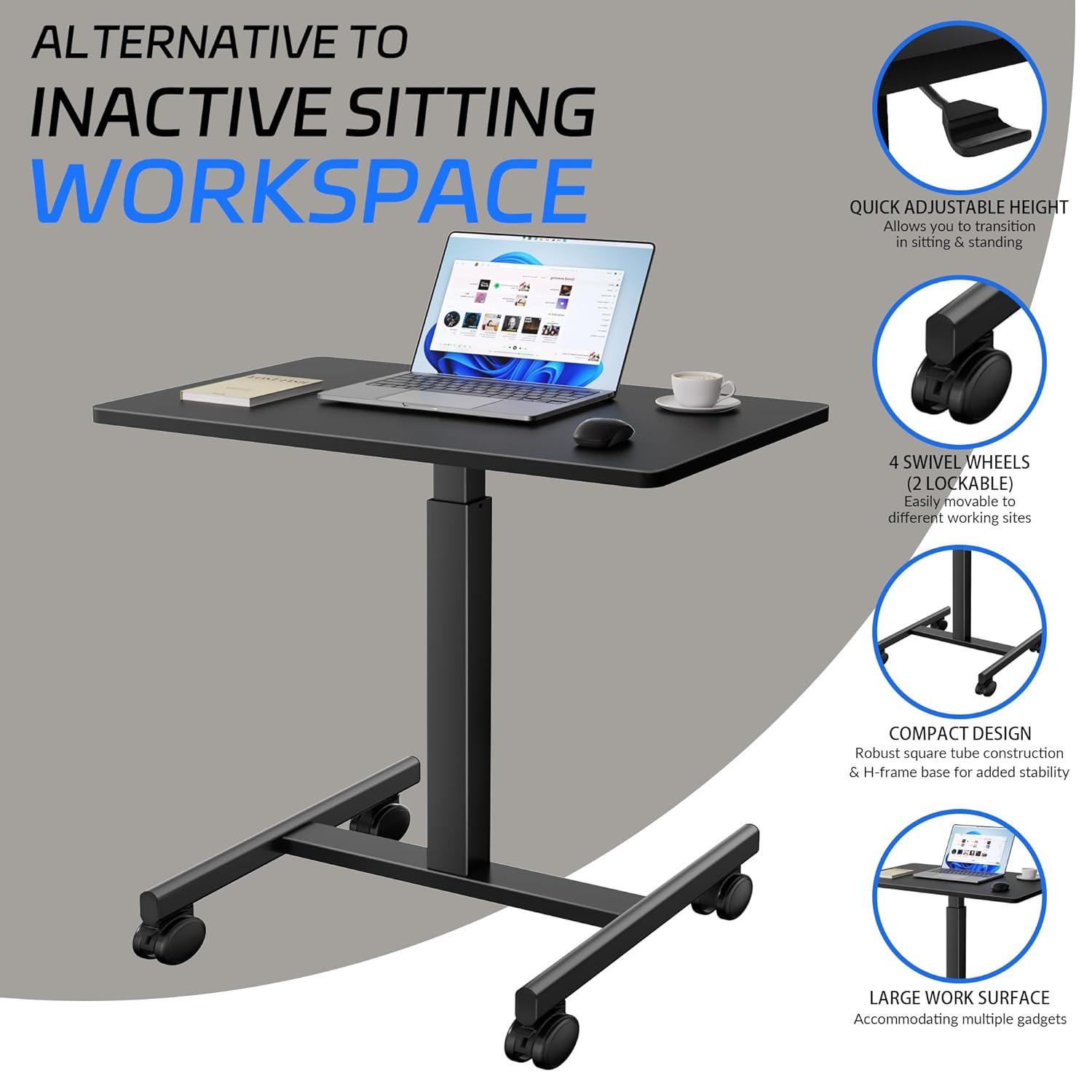 Mobile Laptop Standing Desk Adjustable Height, Small Mobile Desk Workstation with Wheels, Portable Rolling Computer Desk Cart for Home Office Classroom (Black)