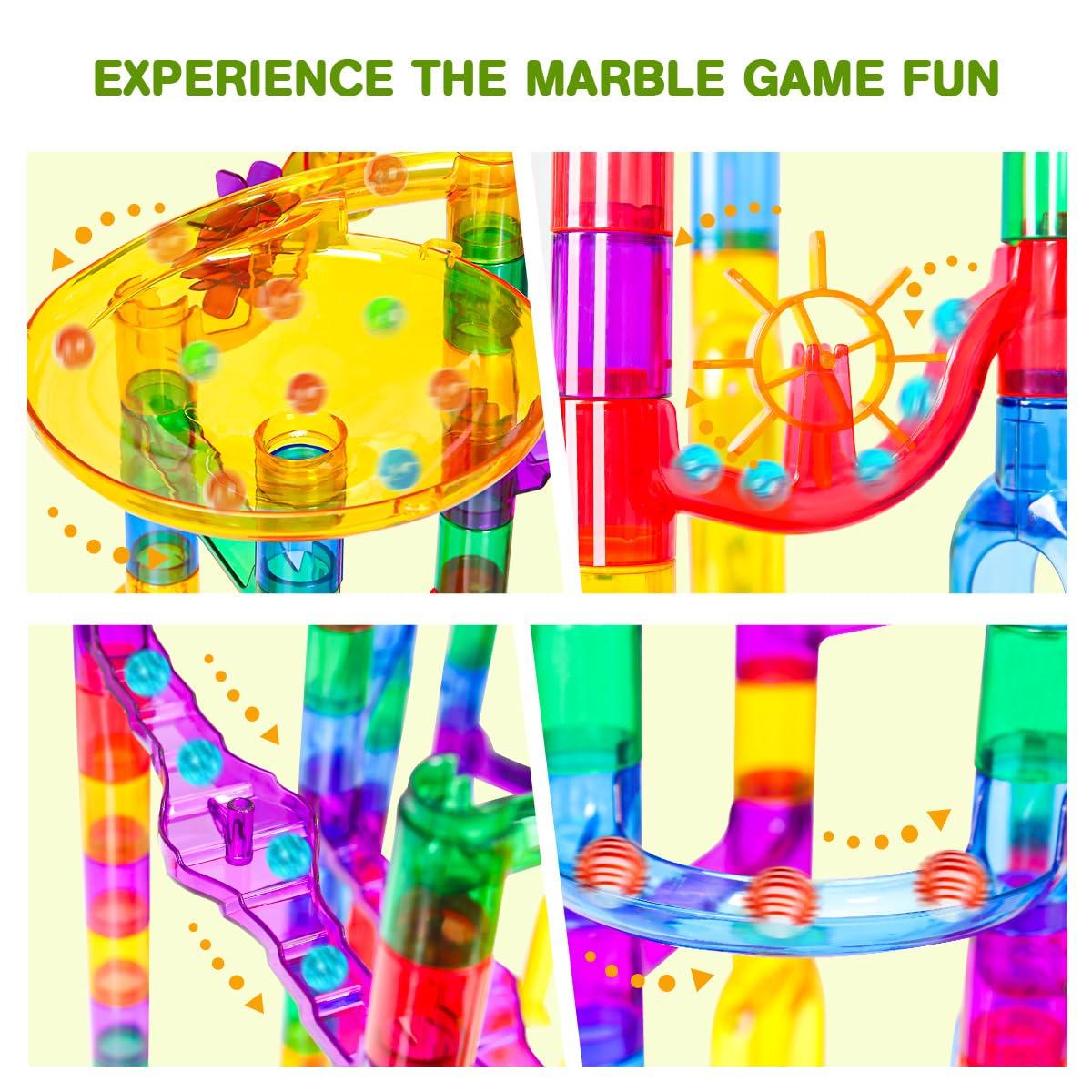 Meland Marble Run - 132Pcs Marble Maze Game Building Toy for Kid, Marble Track Race Set & STEM Learning Toys for Boy Girl Age 3 4 5 6 7 8 9+ (102 Translucent Marbulous Pcs & 30 Glass Marbles)